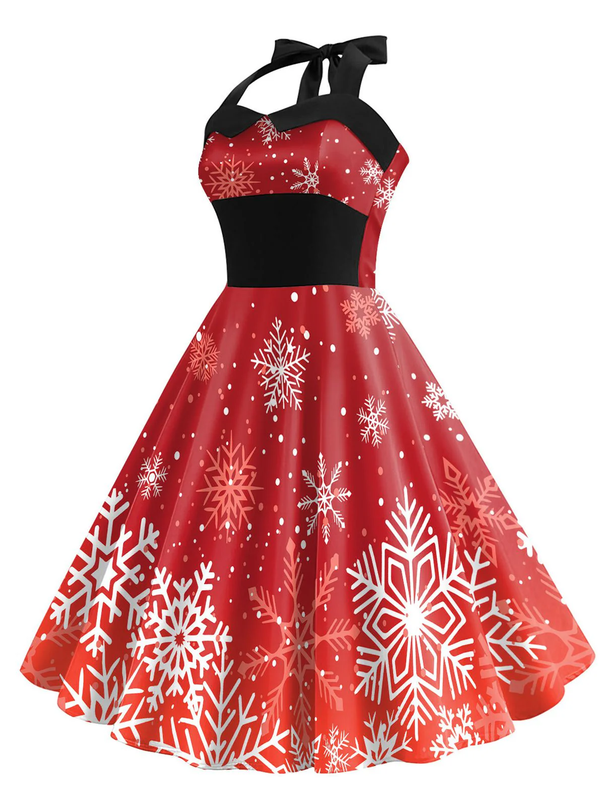Red 1950s Christmas Snowflake Halter Dress - Image 2