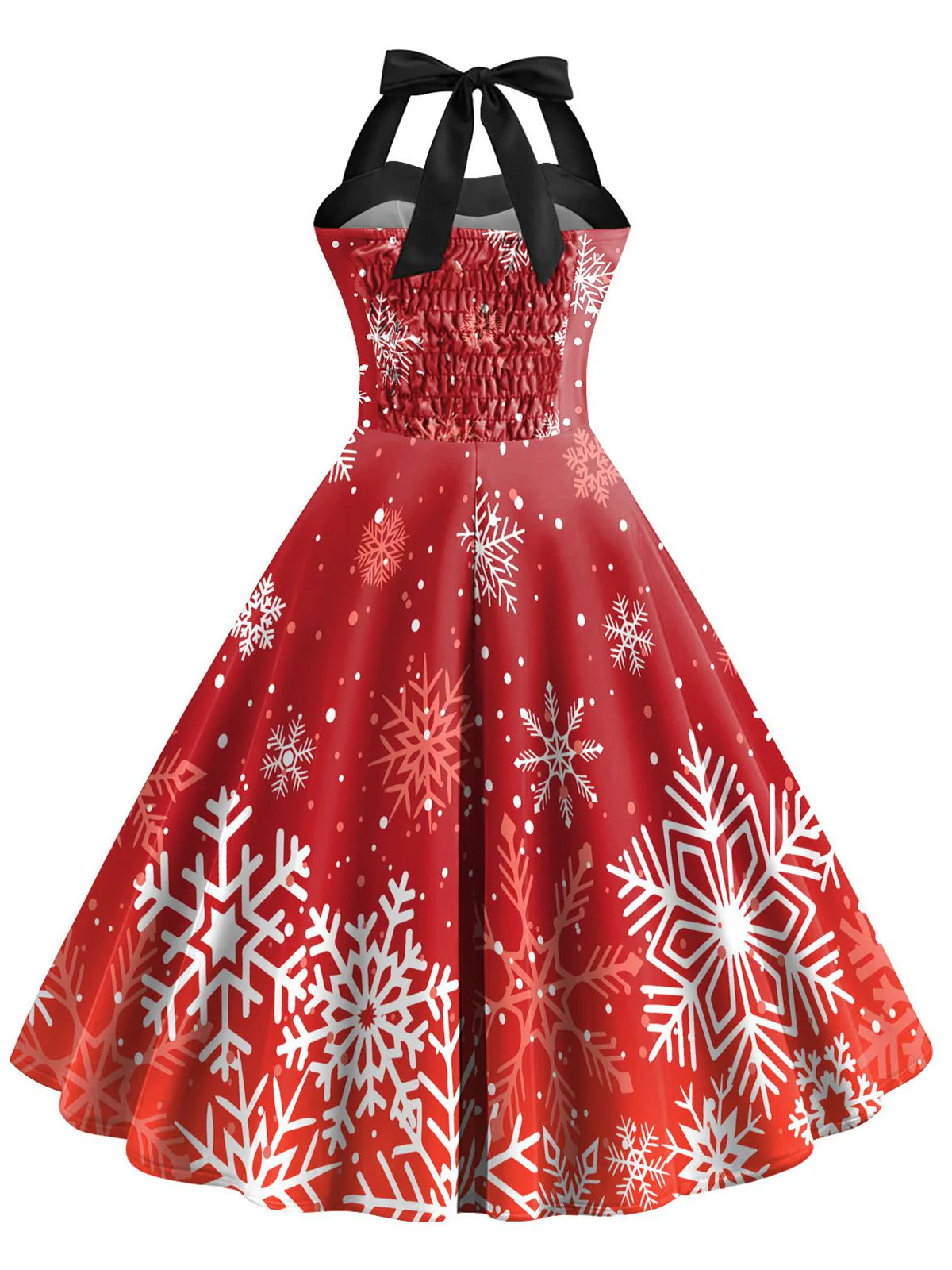Red 1950s Christmas Snowflake Halter Dress - Image 3