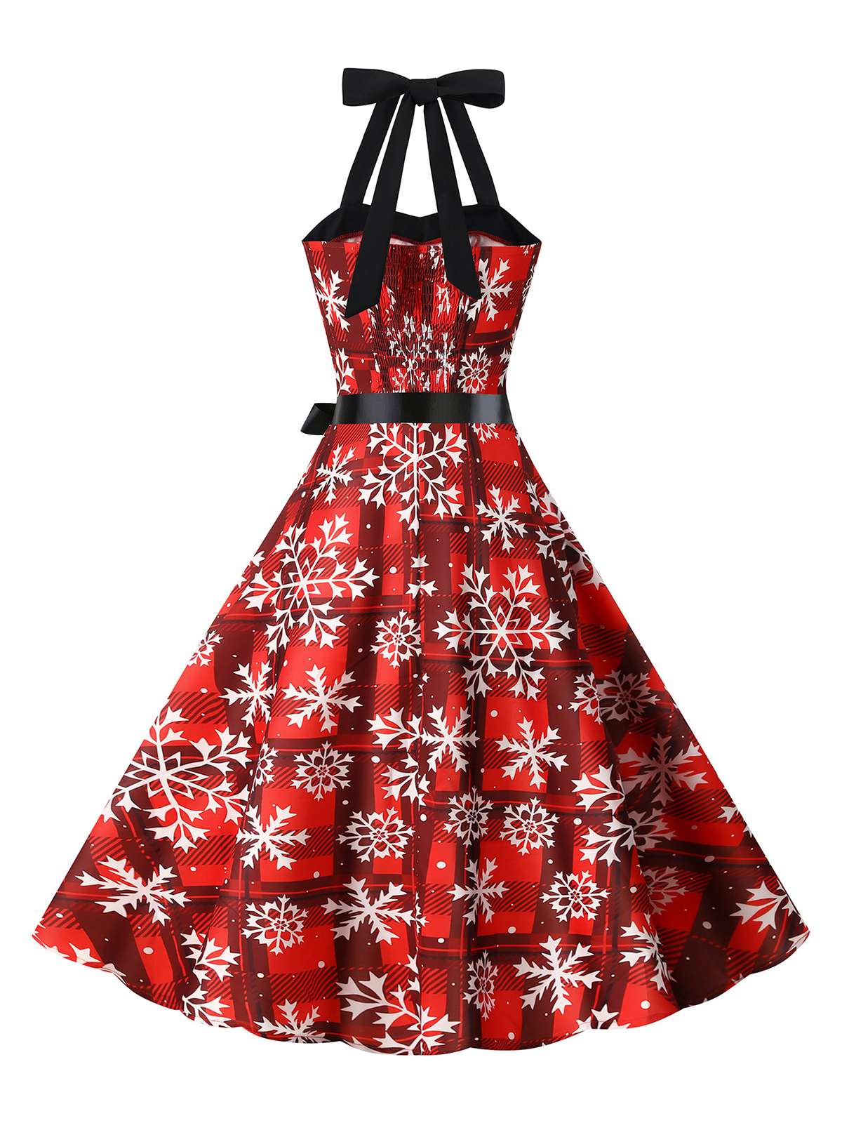 Red 1950s Christmas Snowflake Halter Swing Dress - Image 2