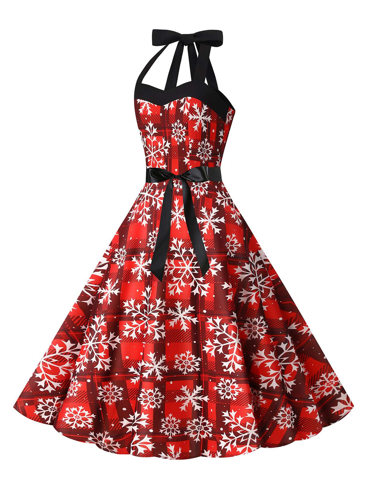 Red 1950s Christmas Snowflake Halter Swing Dress - Image 3