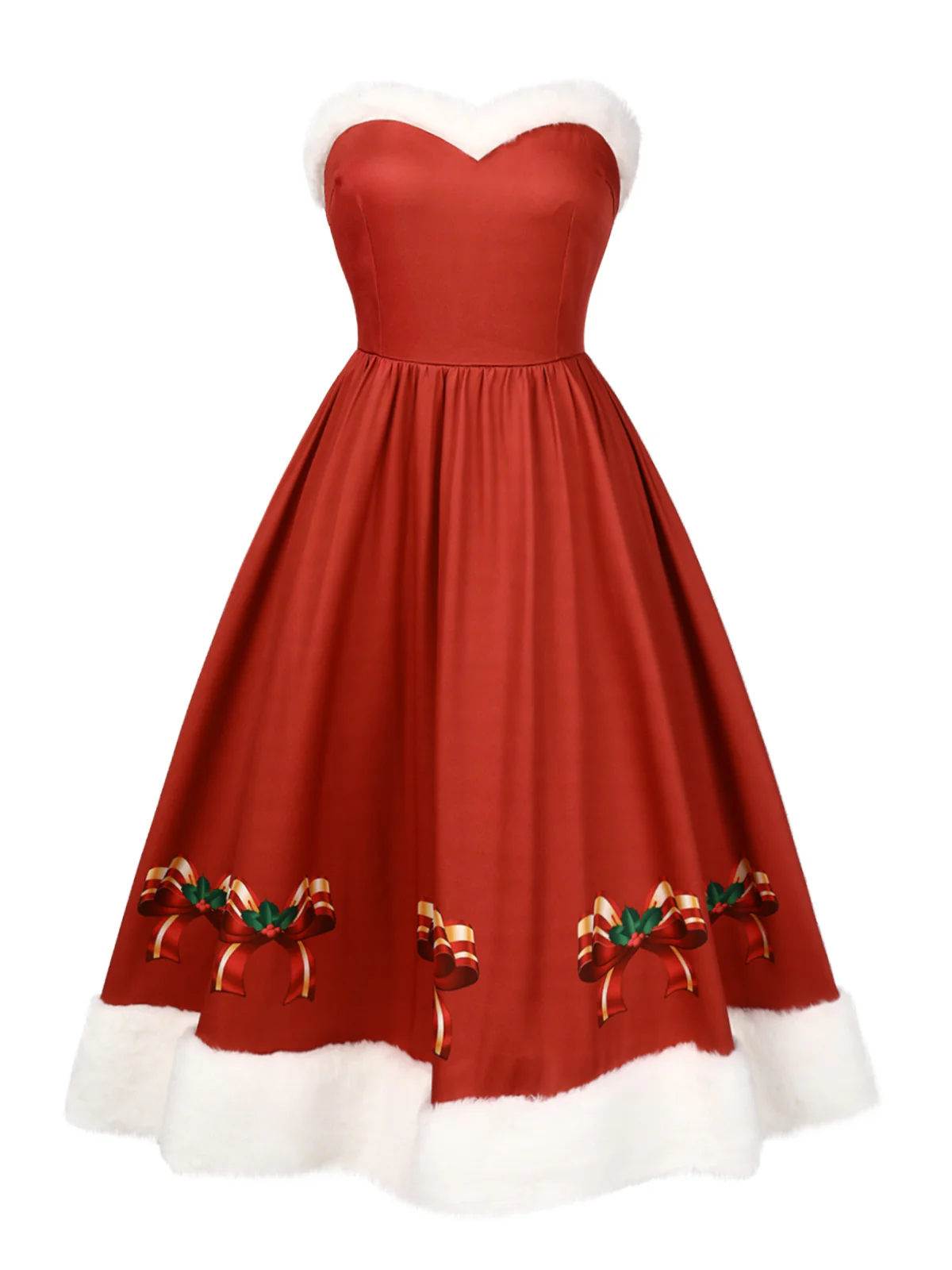Red 1950s Christmas Strapless Bow Fur Trim Dress - Image 2