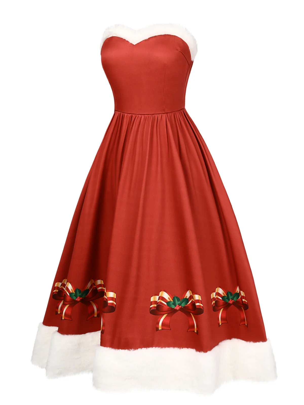 Red 1950s Christmas Strapless Bow Fur Trim Dress - Image 3