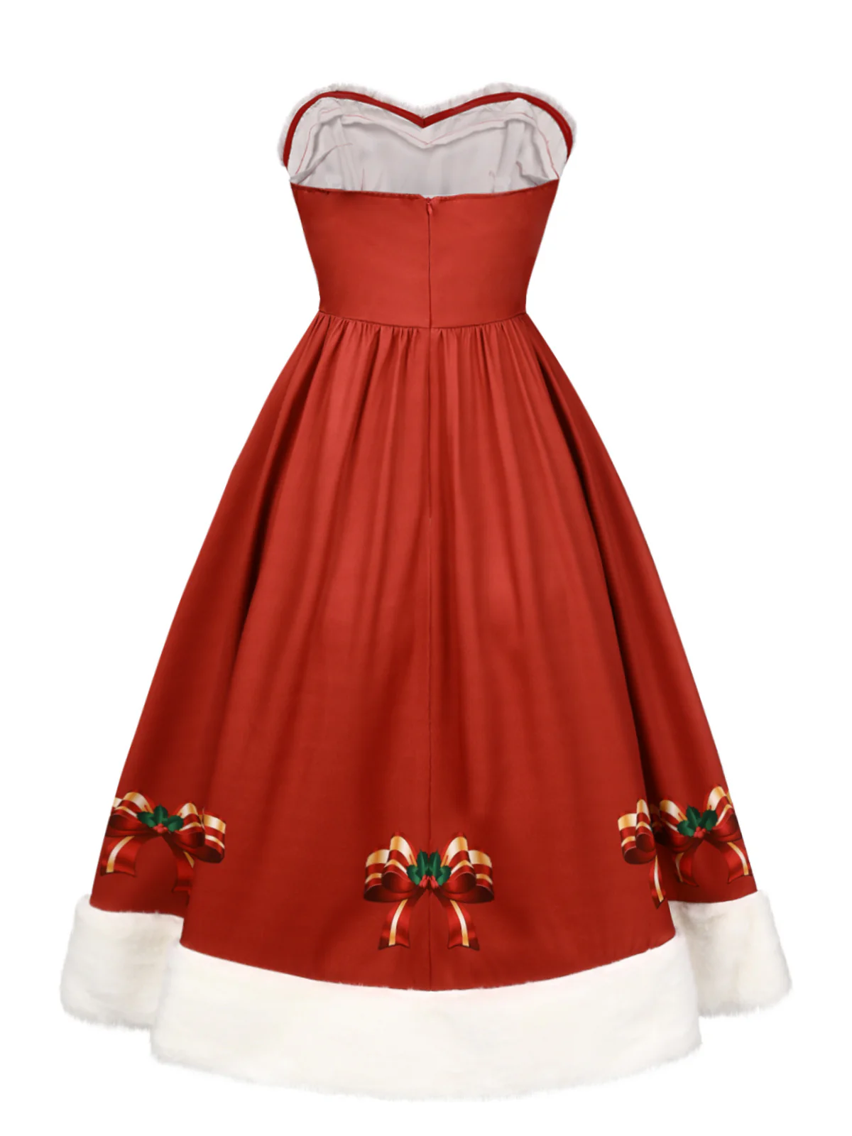 Red 1950s Christmas Strapless Bow Fur Trim Dress - Image 4