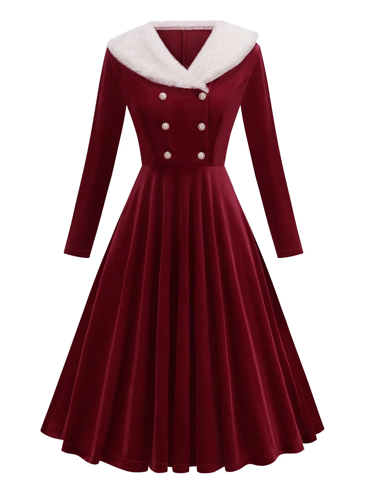 Red 1950s Christmas Velvet Santa Fur Collar Pearl Dress - Image 2