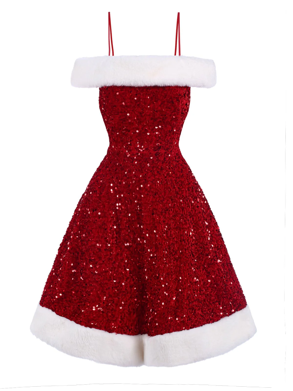 Red 1950s Cold-Shoulder Furry Sequined Dress - Image 2