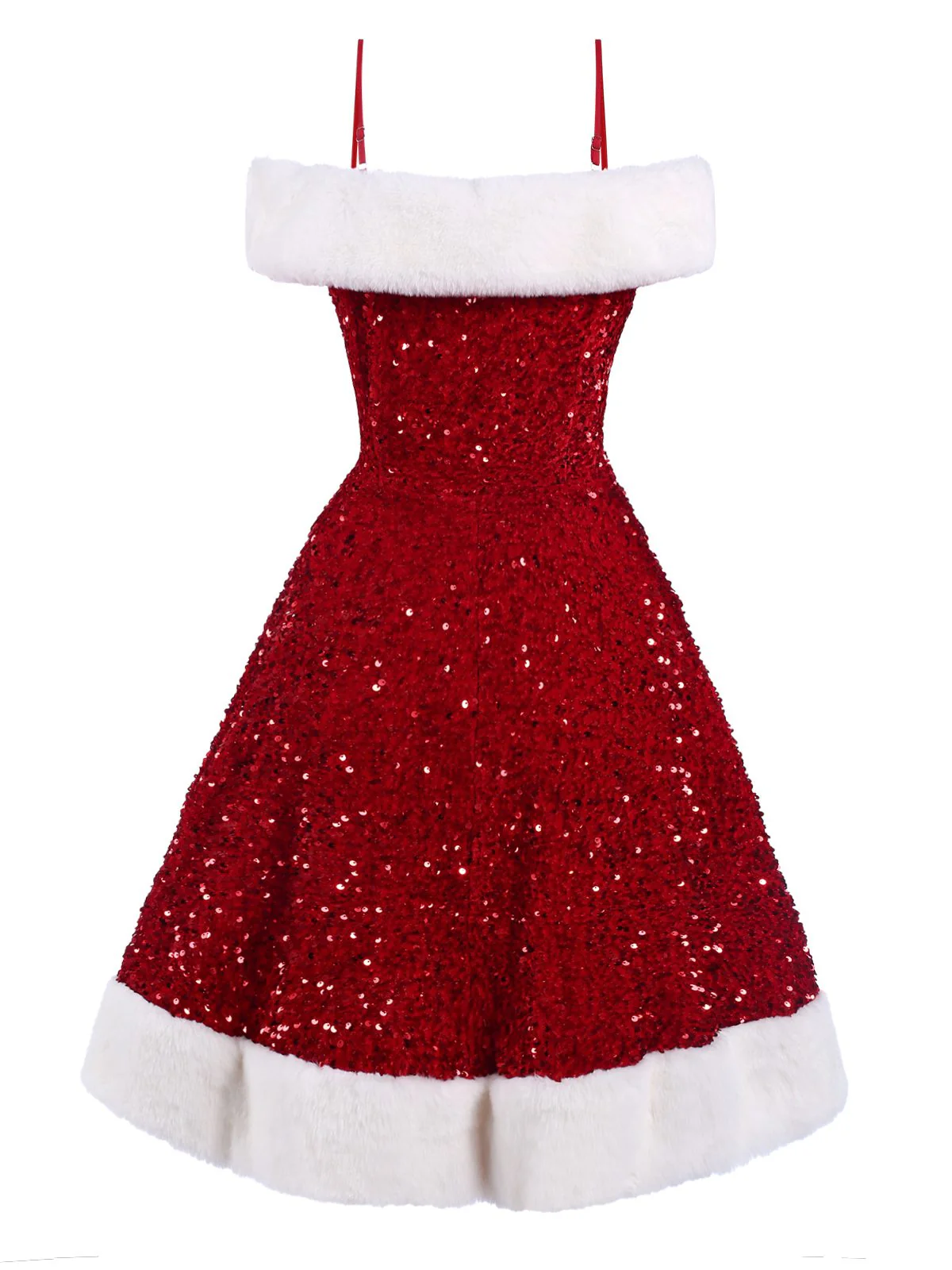 Red 1950s Cold-Shoulder Furry Sequined Dress - Image 3