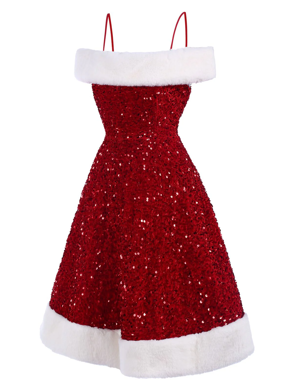 Red 1950s Cold-Shoulder Furry Sequined Dress - Image 4