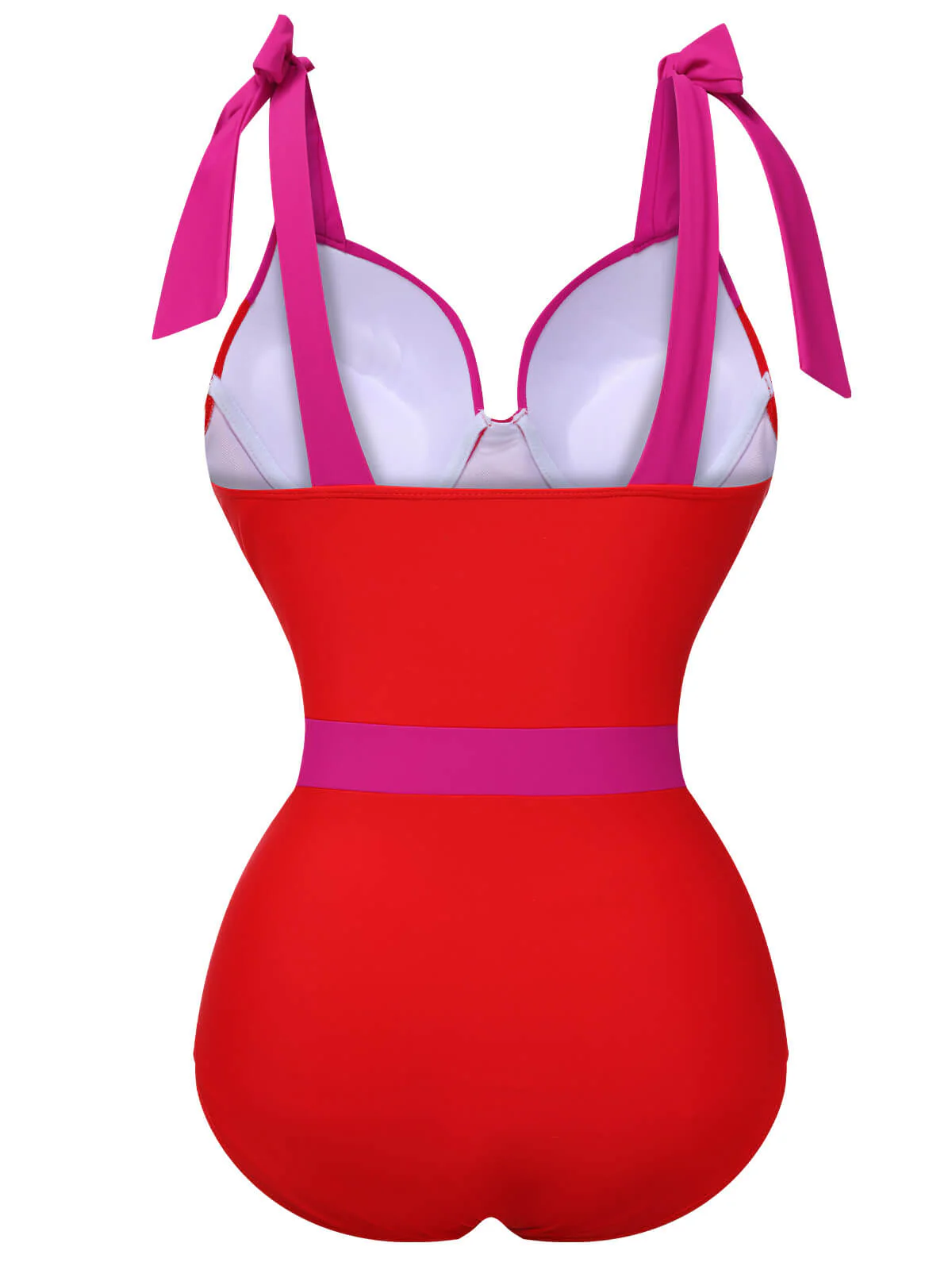 Red 1950s Colorblock Shoulder Tie-Up Swimsuit - Image 3