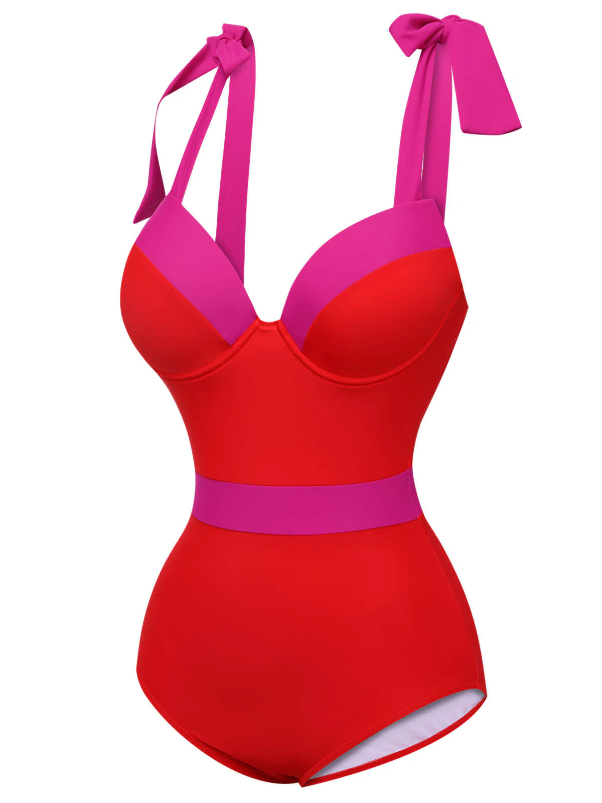 Red 1950s Colorblock Shoulder Tie-Up Swimsuit - Image 2