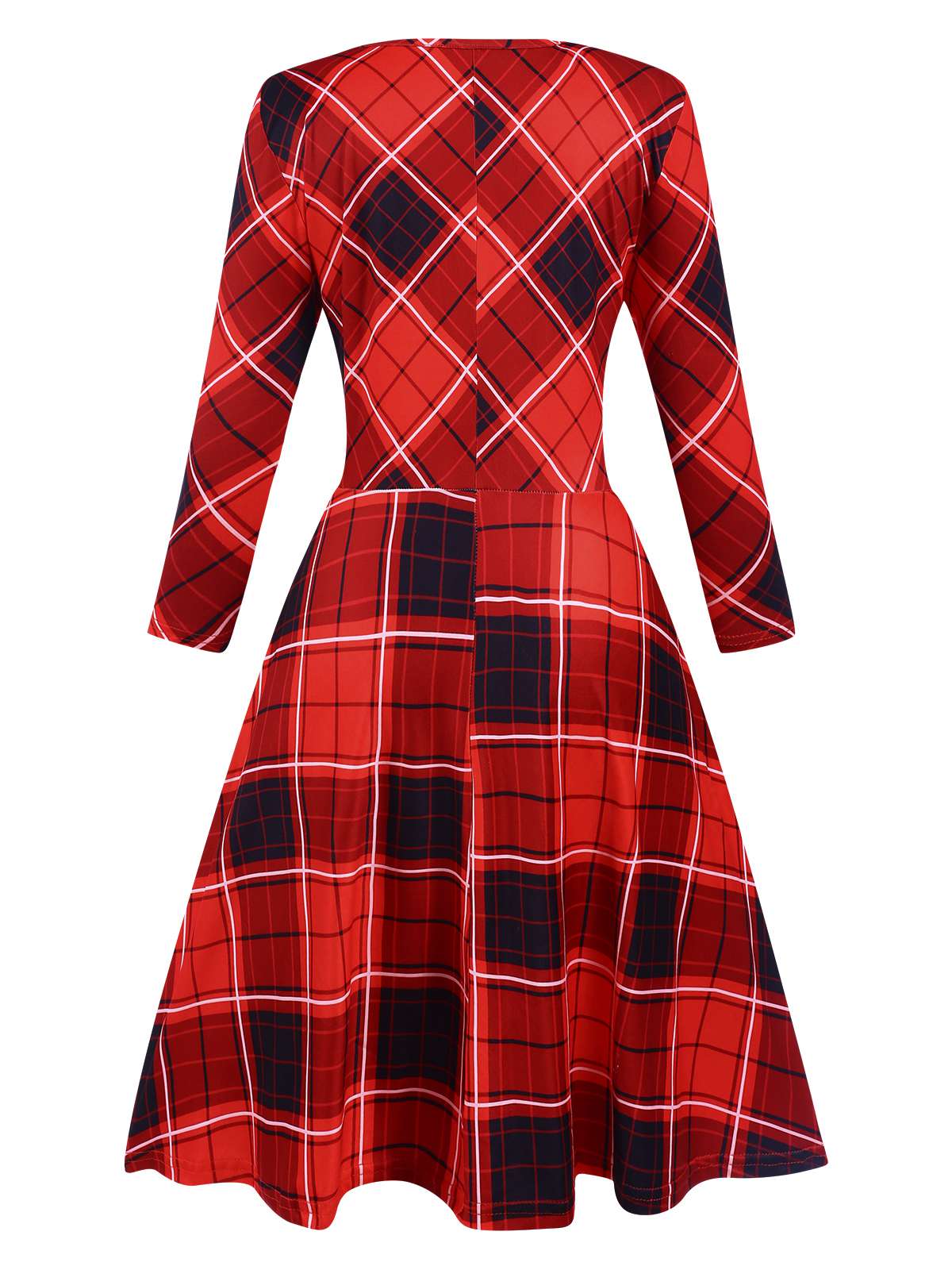 Red 1950s Crew Neck Plaid Half Sleeve Dress - Image 2