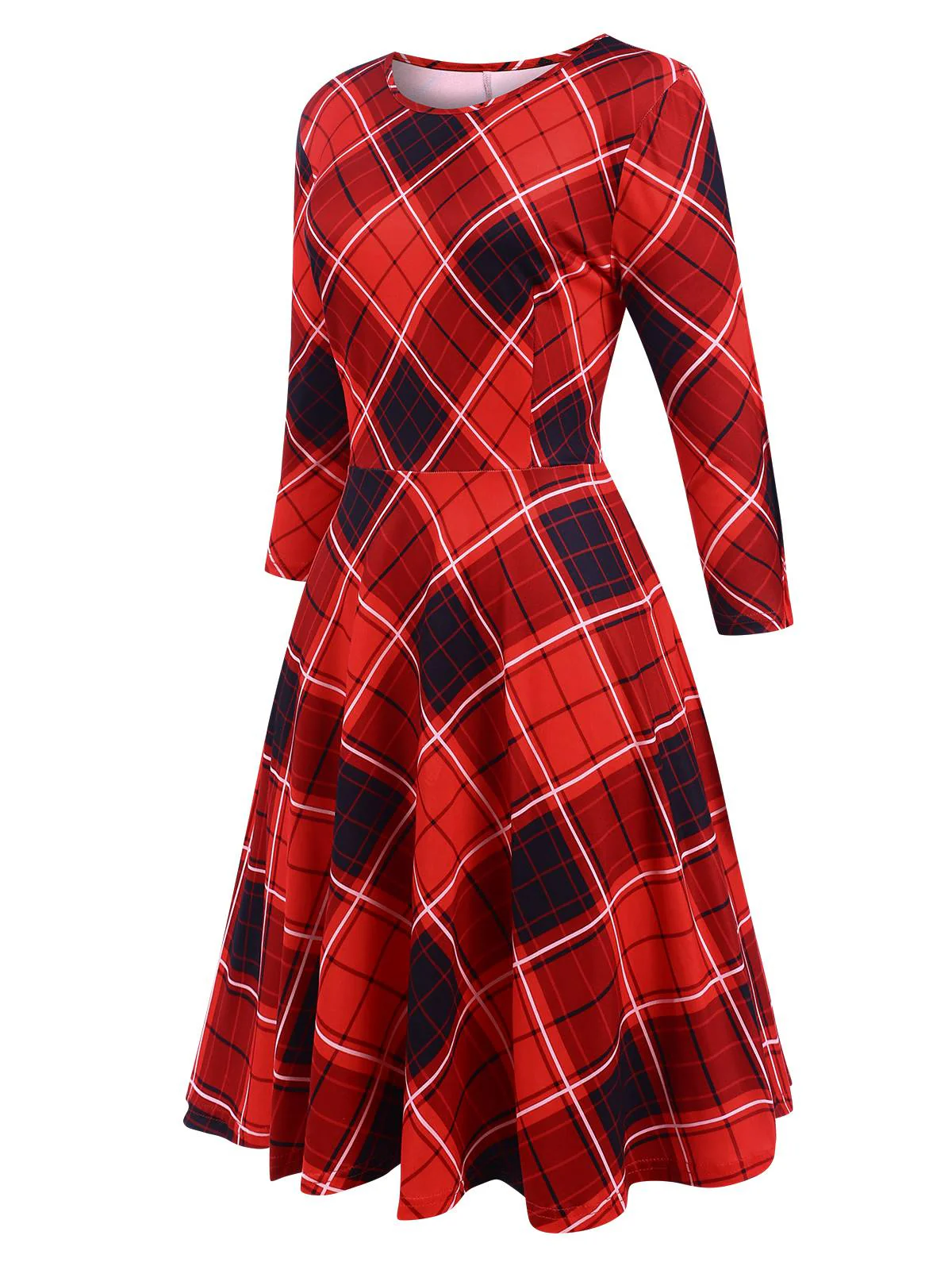 Red 1950s Crew Neck Plaid Half Sleeve Dress - Image 3