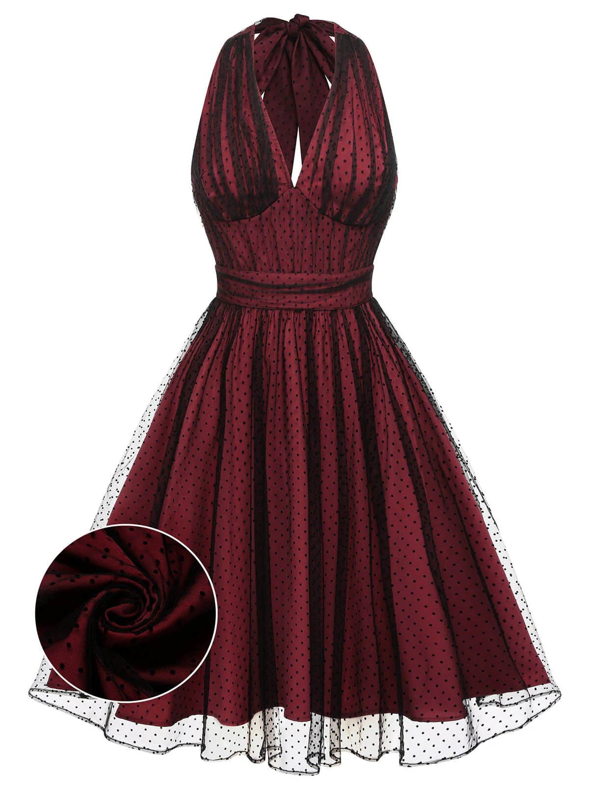 Red 1950s Dots Mesh Swing Dress - Image 2