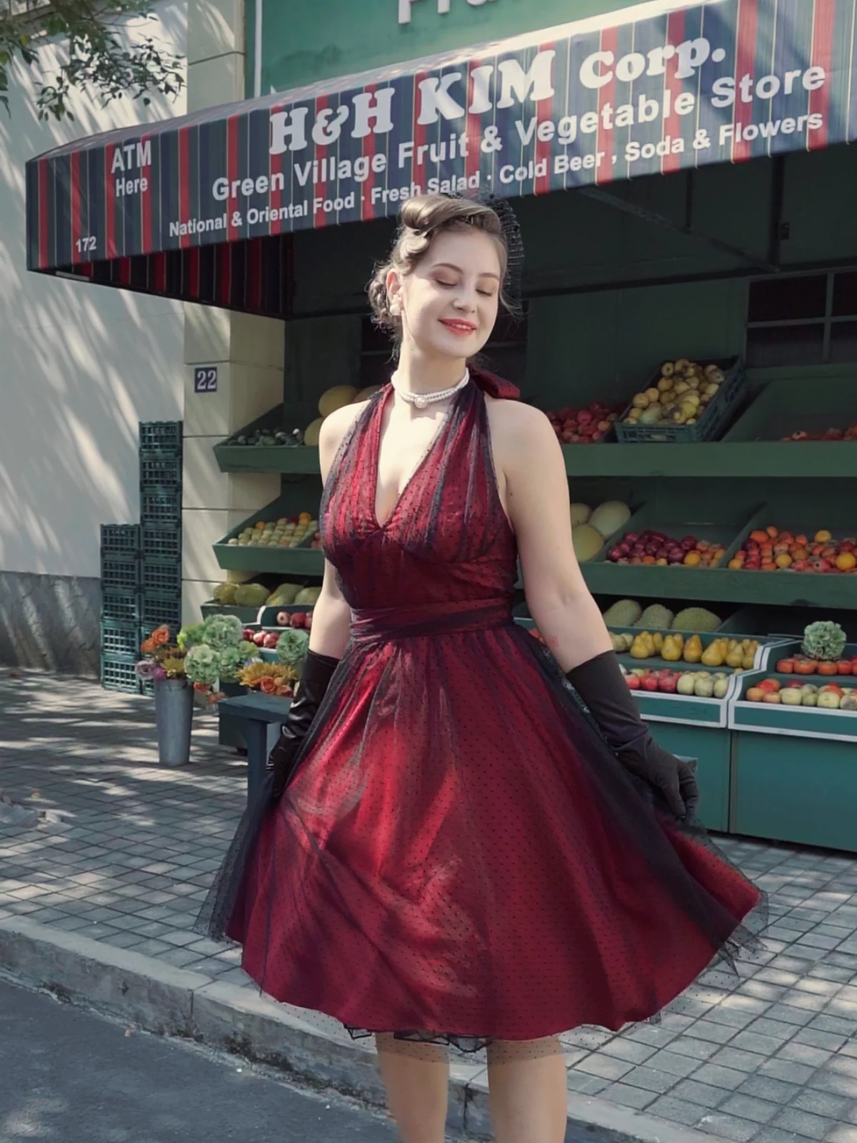 Red 1950s Dots Mesh Swing Dress - Image 2