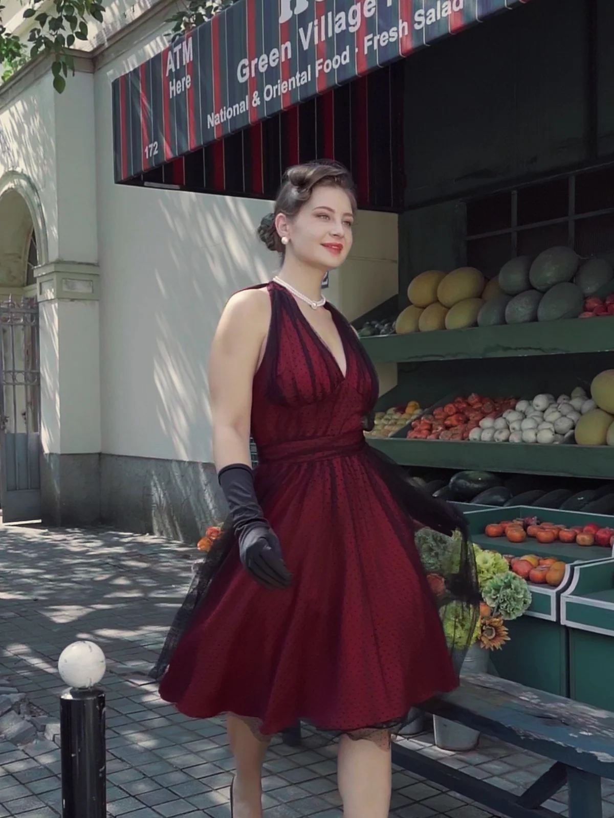 Red 1950s Dots Mesh Swing Dress - Image 3