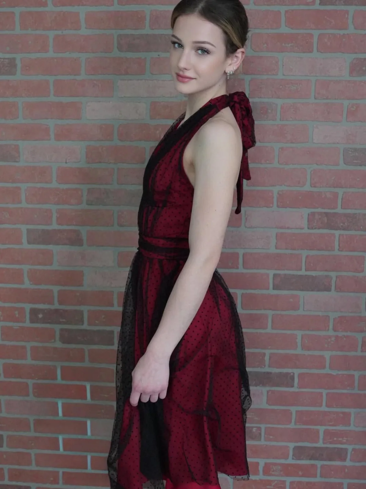 Red 1950s Dots Mesh Swing Dress - Image 3