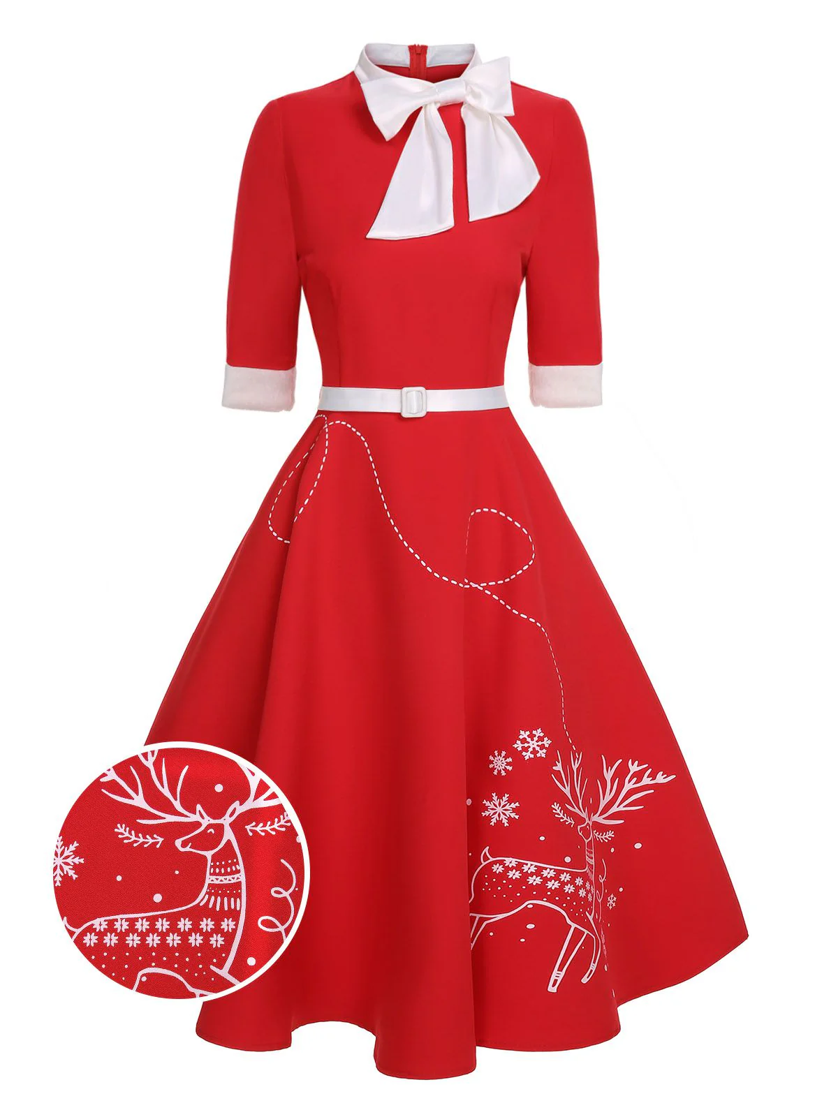 Red 1950s Elk Bow Patchwork Belt Dress - Image 2