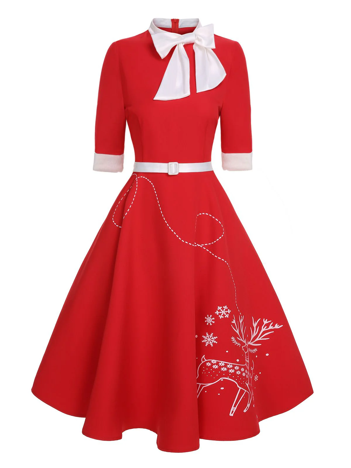 Red 1950s Elk Bow Patchwork Belt Dress - Image 3
