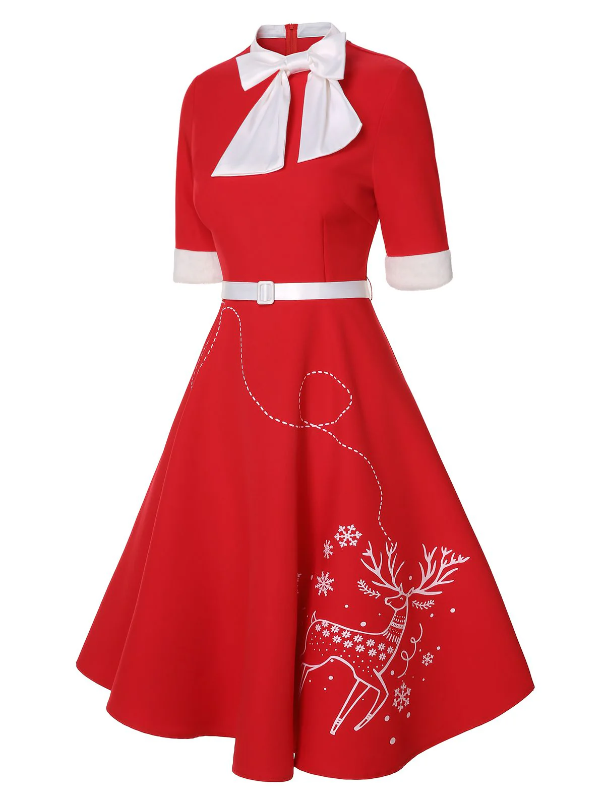 Red 1950s Elk Bow Patchwork Belt Dress - Image 4