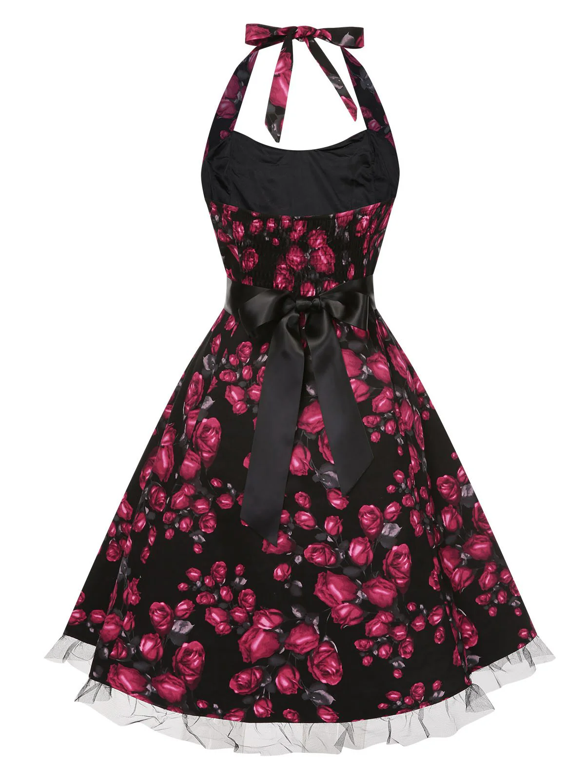 Red 1950s Floral Halter Lace Swing Dress - Image 2