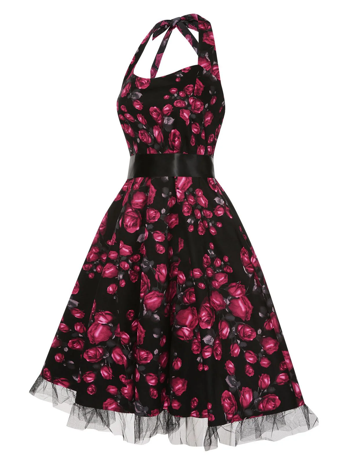 Red 1950s Floral Halter Lace Swing Dress - Image 3