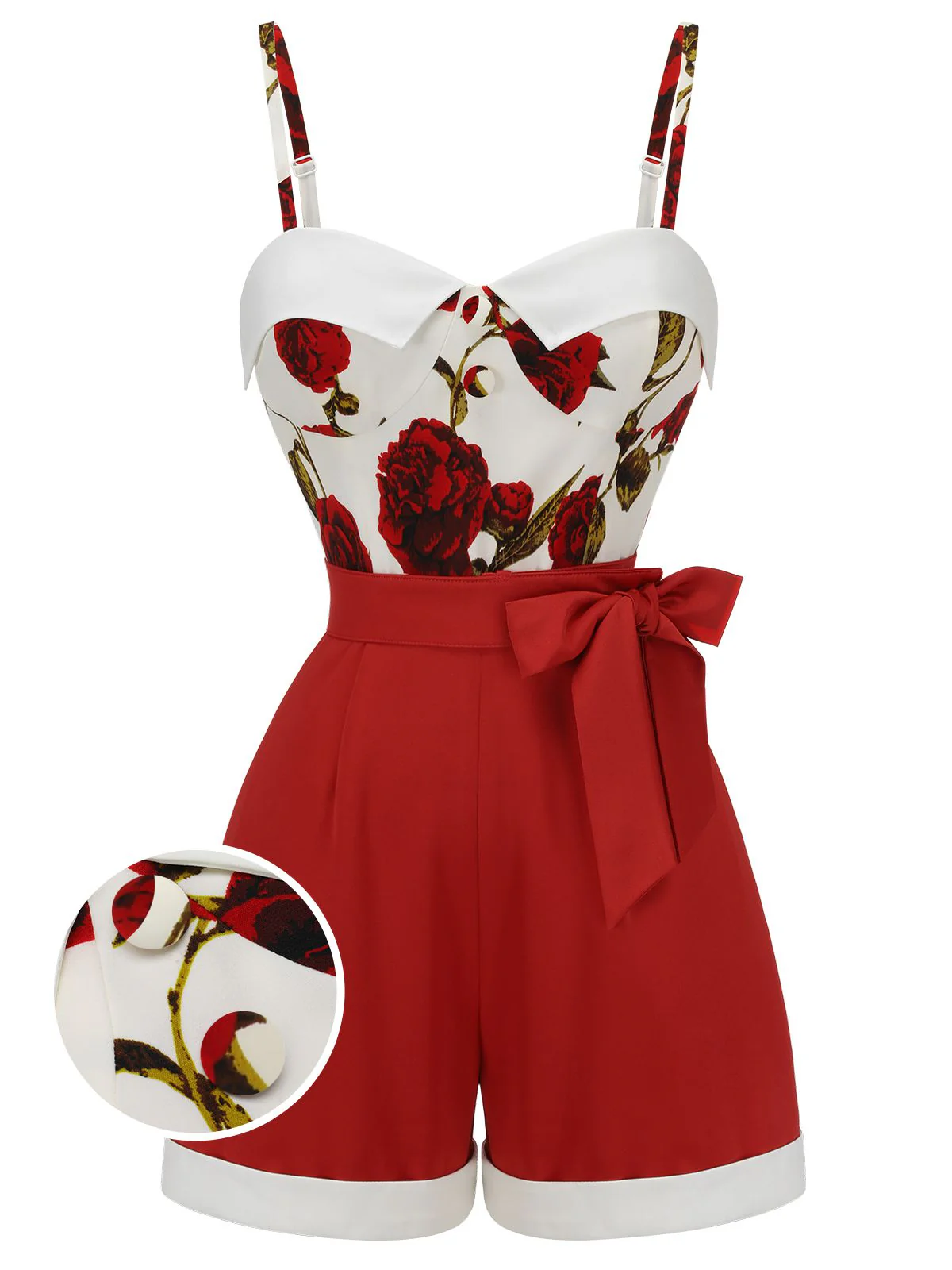 Red 1950s Floral Strap Patchwork Romper - Image 2