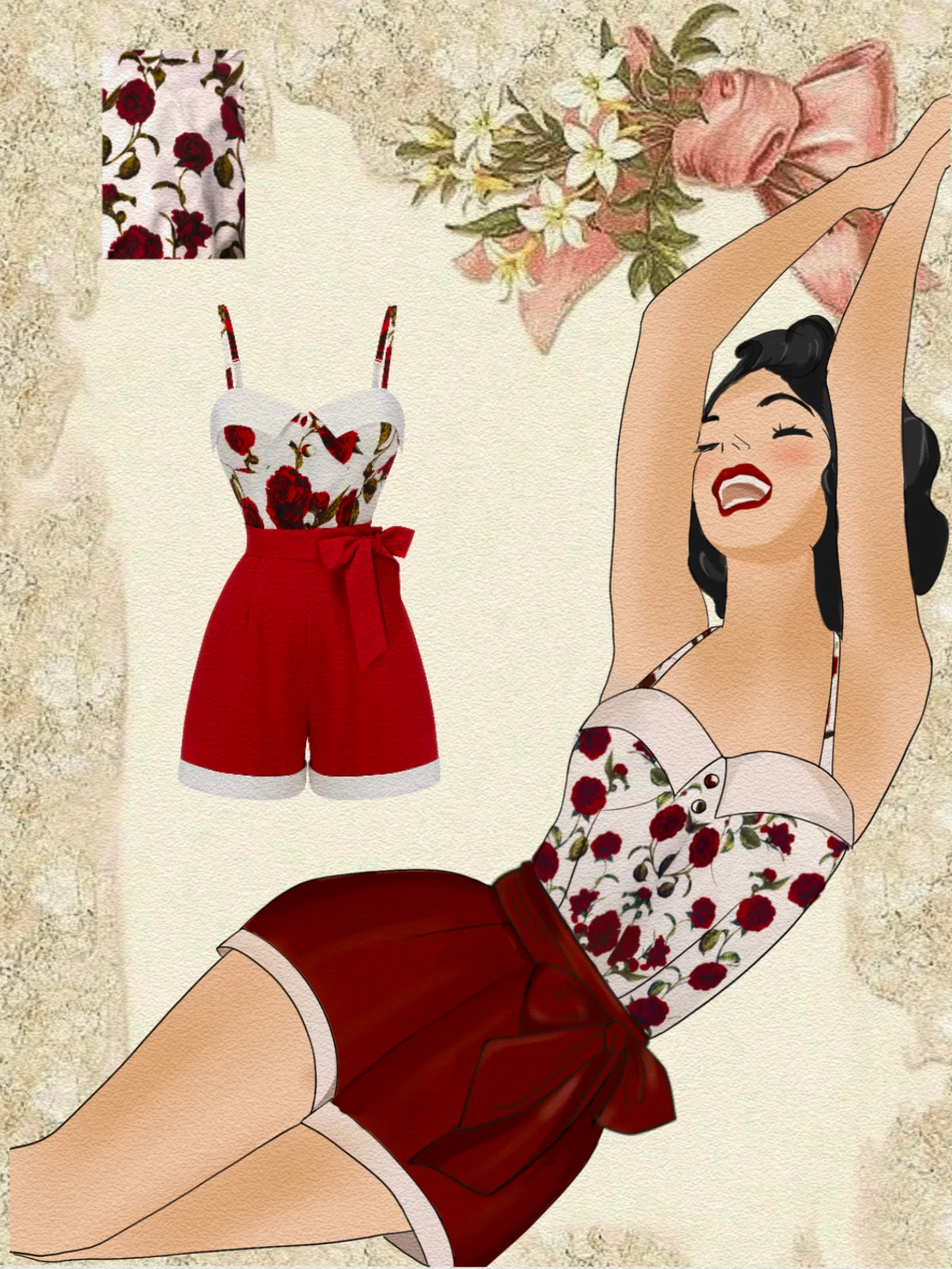 Red 1950s Floral Strap Patchwork Romper - Image 3