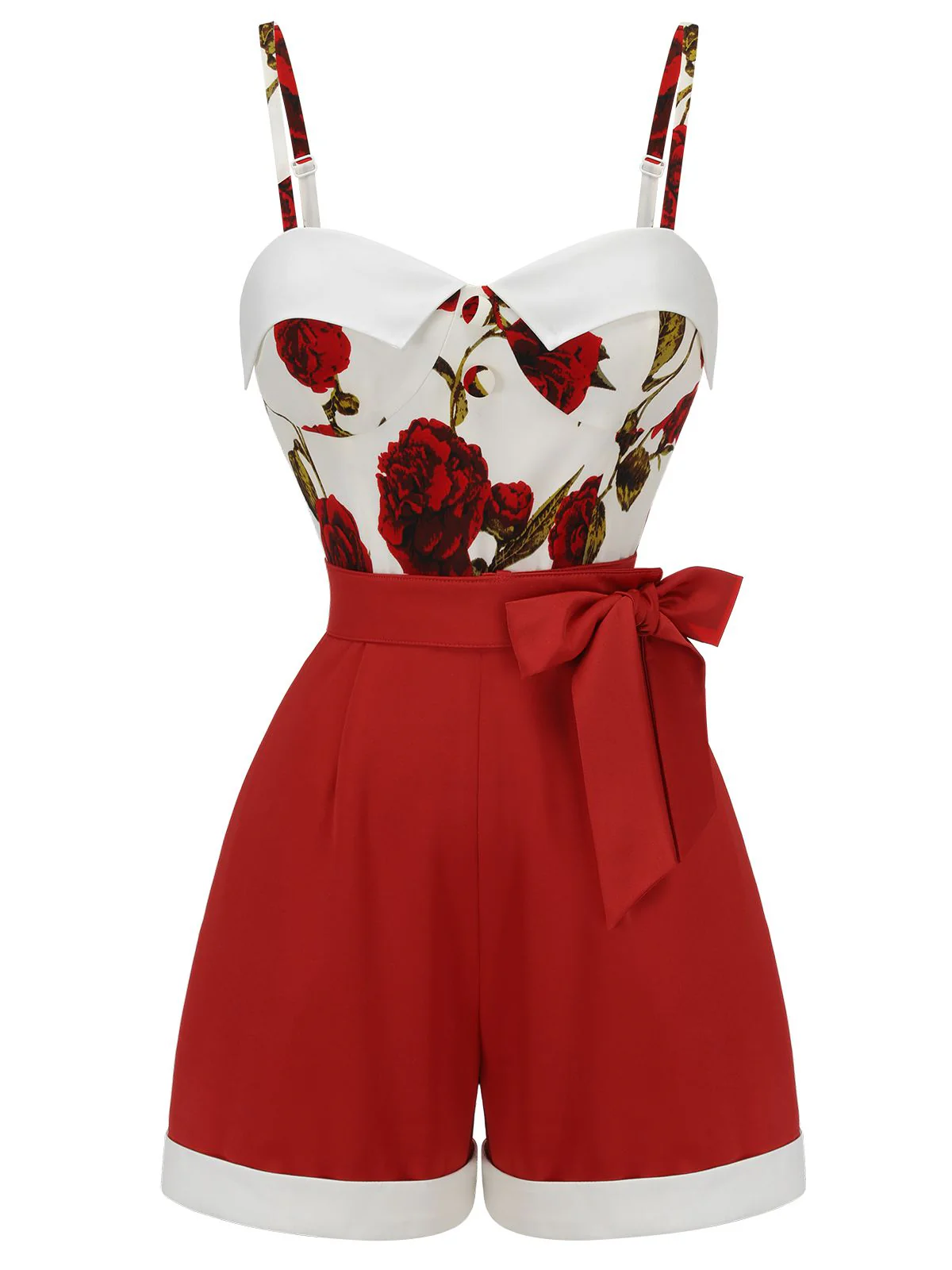 Red 1950s Floral Strap Patchwork Romper - Image 4