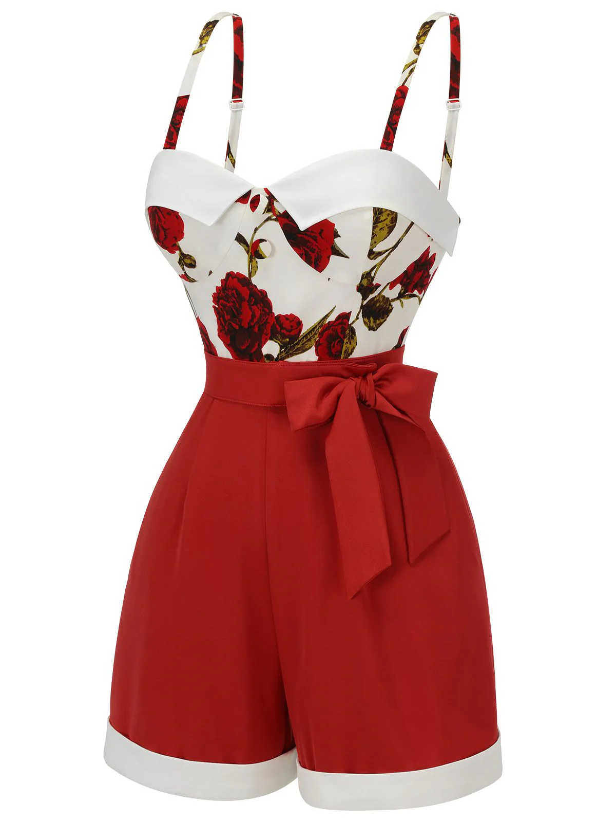 Red 1950s Floral Strap Patchwork Romper - Image 5