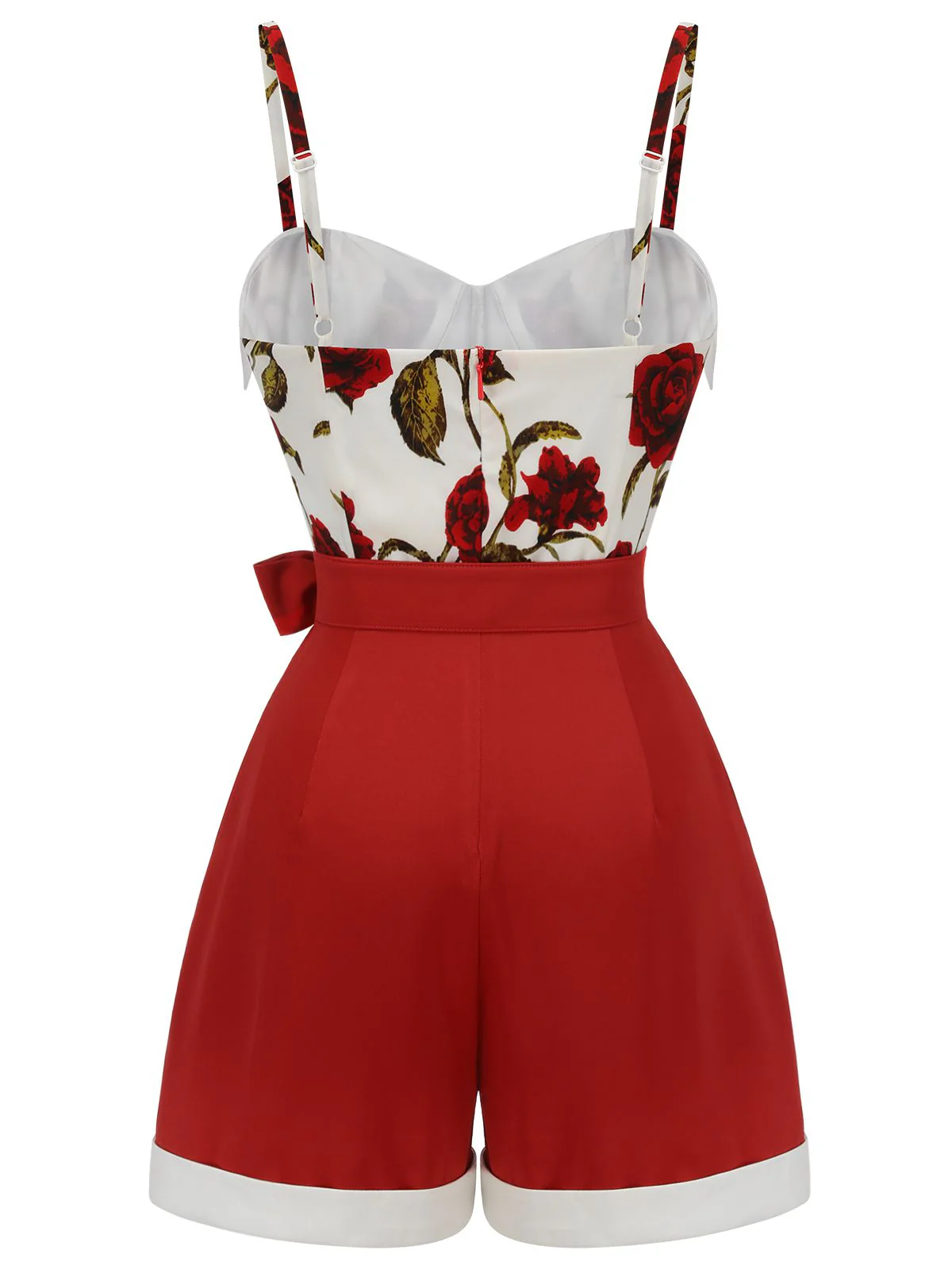 Red 1950s Floral Strap Patchwork Romper - Image 6