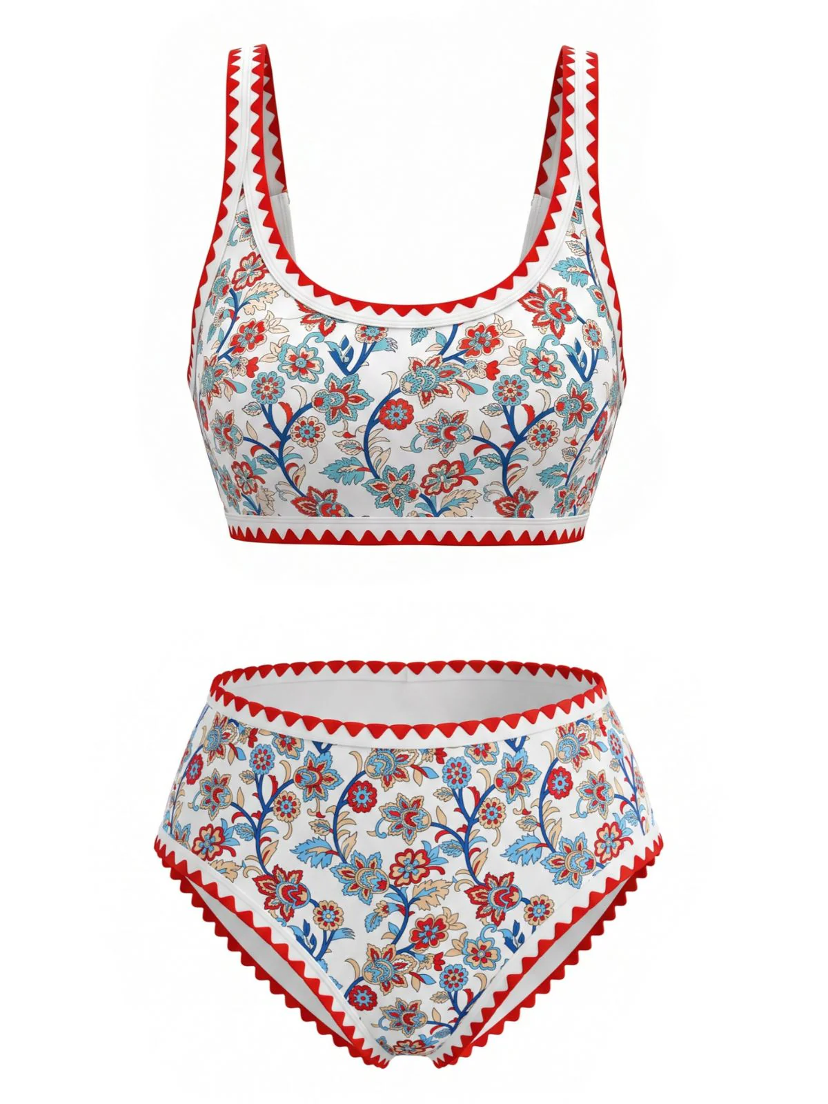 Red 1950s Floral Zigzag Trim U-Neck Tankini Set - Image 2