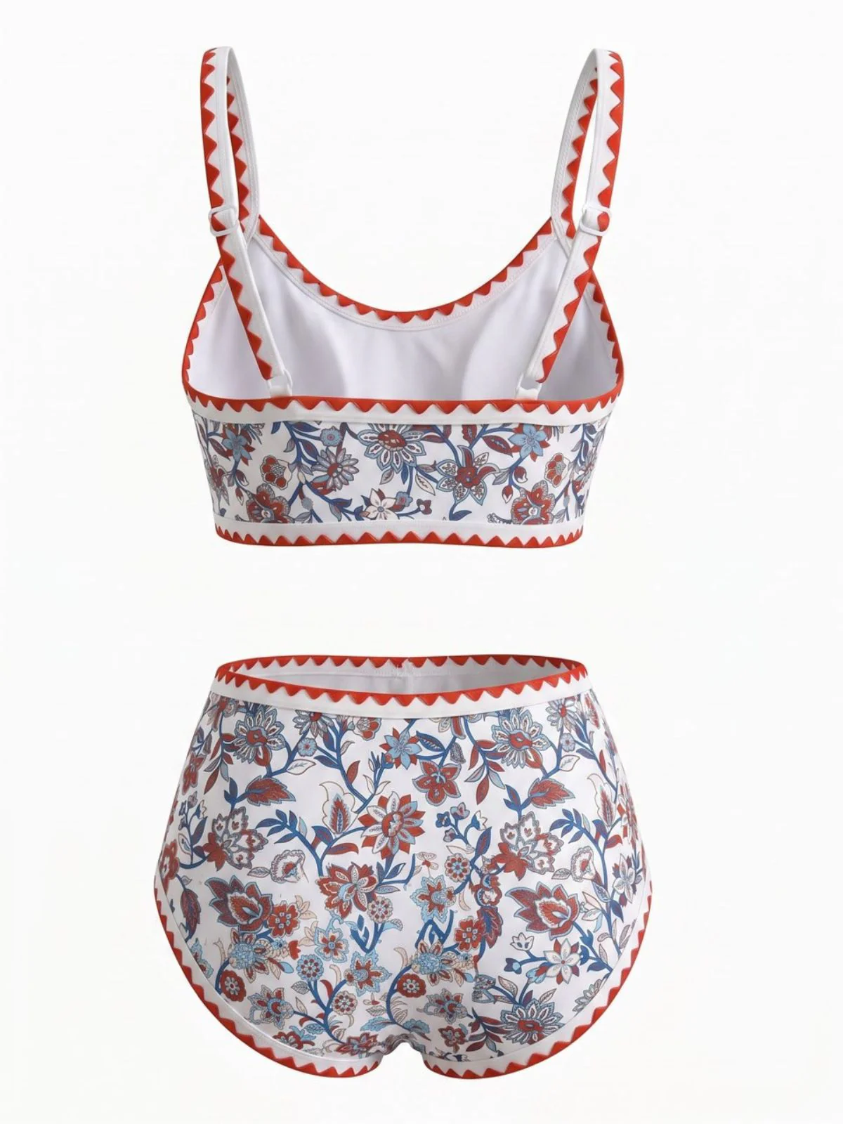 Red 1950s Floral Zigzag Trim U-Neck Tankini Set - Image 6