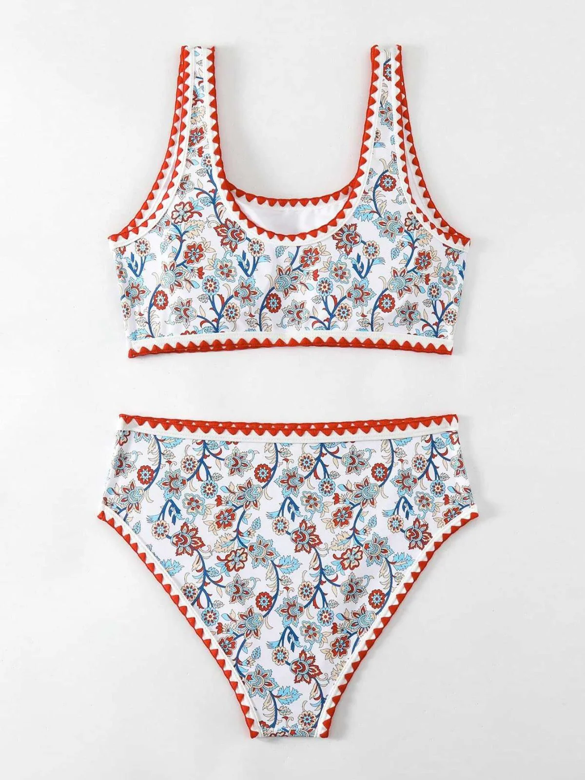 Red 1950s Floral Zigzag Trim U-Neck Tankini Set - Image 8