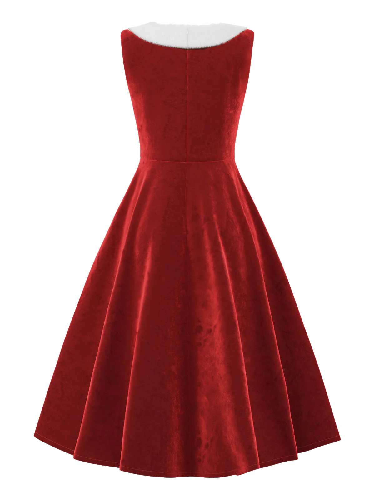 Red 1950s Fur Collar Patchwork Velvet Dress - Image 2