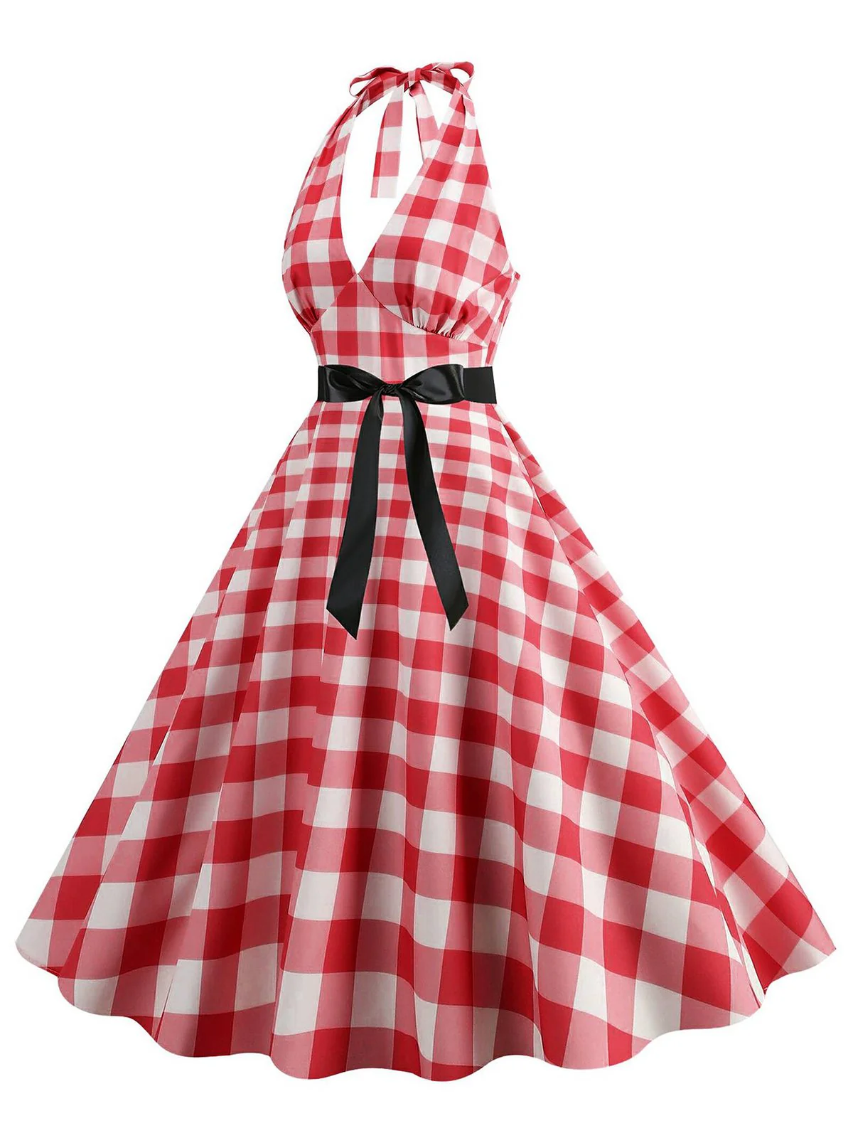 Red 1950s Gingham Plaid Halter Swing Dress - Image 2
