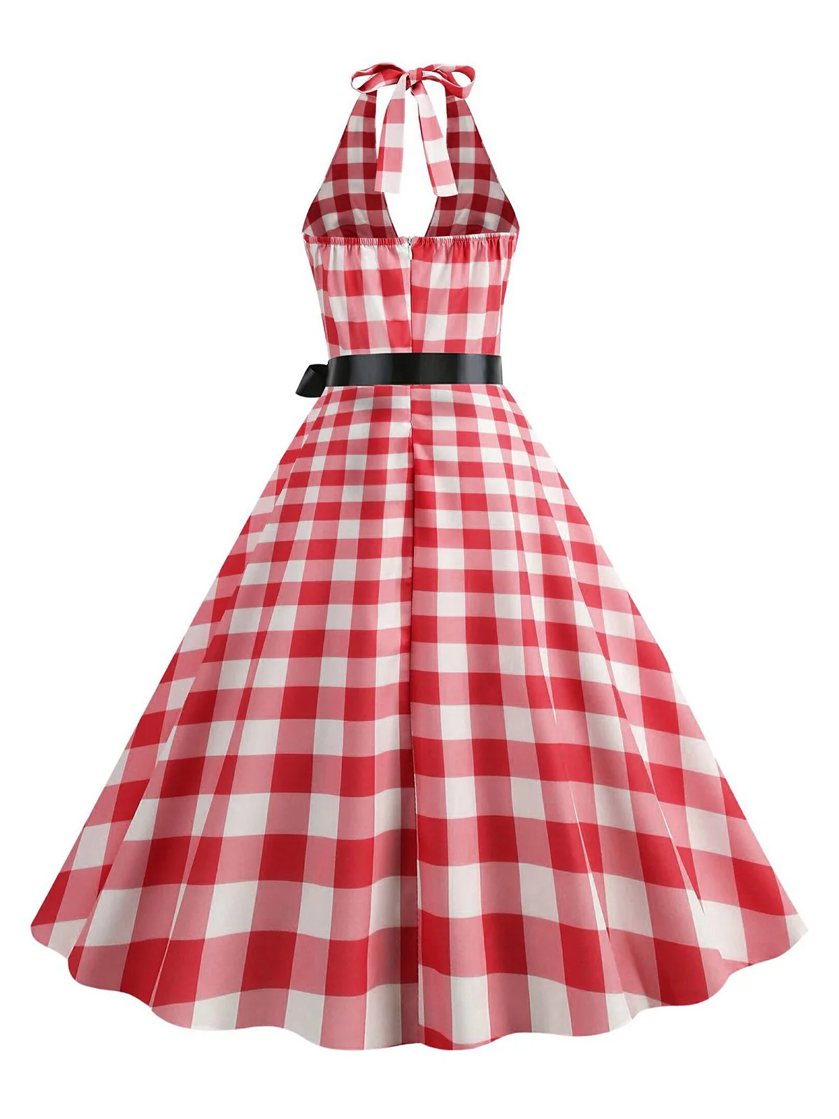 Red 1950s Gingham Plaid Halter Swing Dress - Image 3