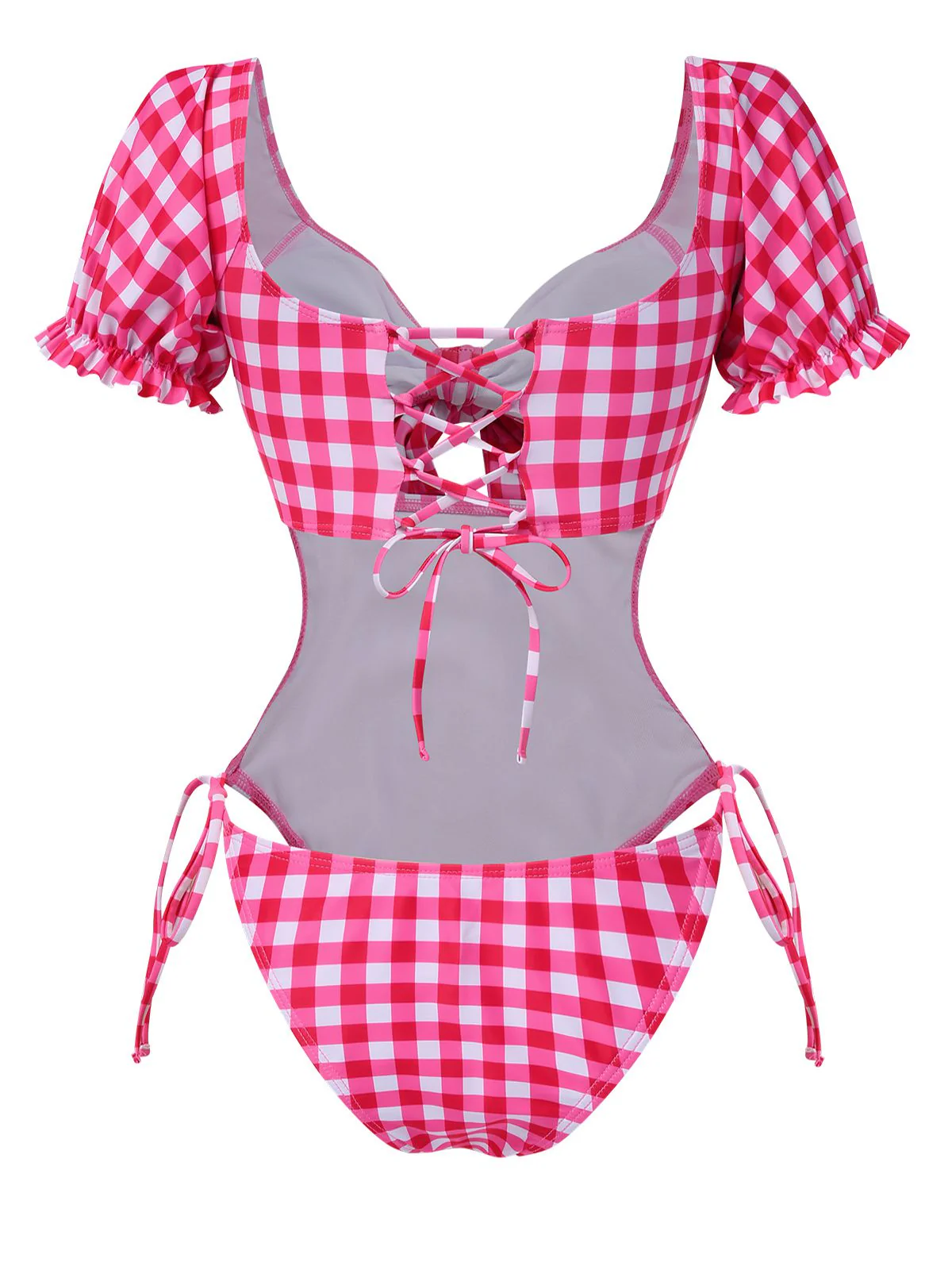 Red 1950s Gingham Plaid Hollow Puff Swimsuit - Image 2