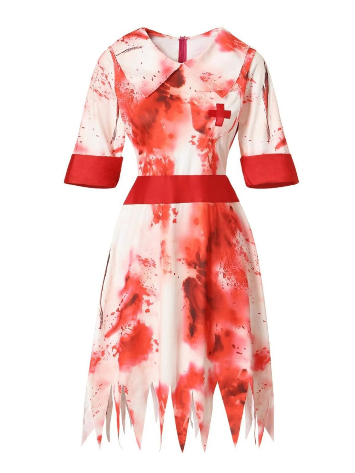 Red 1950s Halloween Zombie Nurse Blood Stains Dress - Image 2