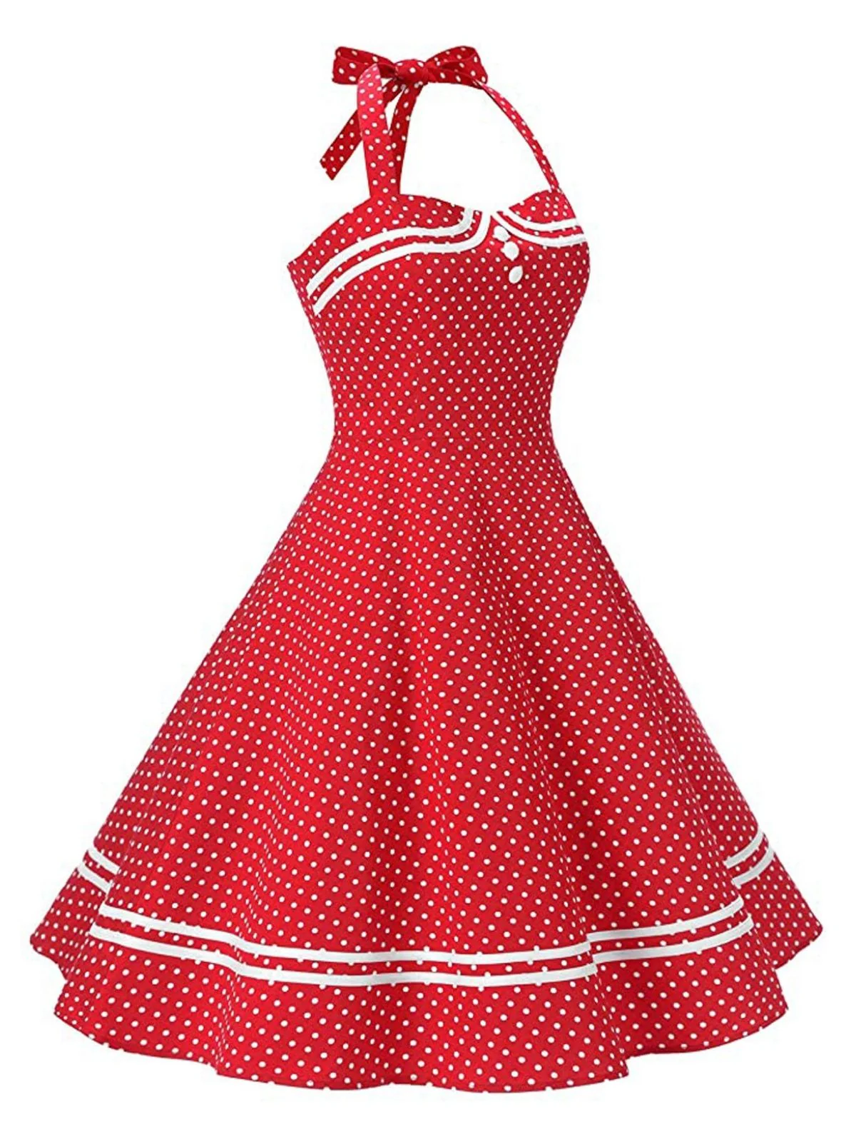 Red 1950s Halter Polka Dot Dress - Image 2