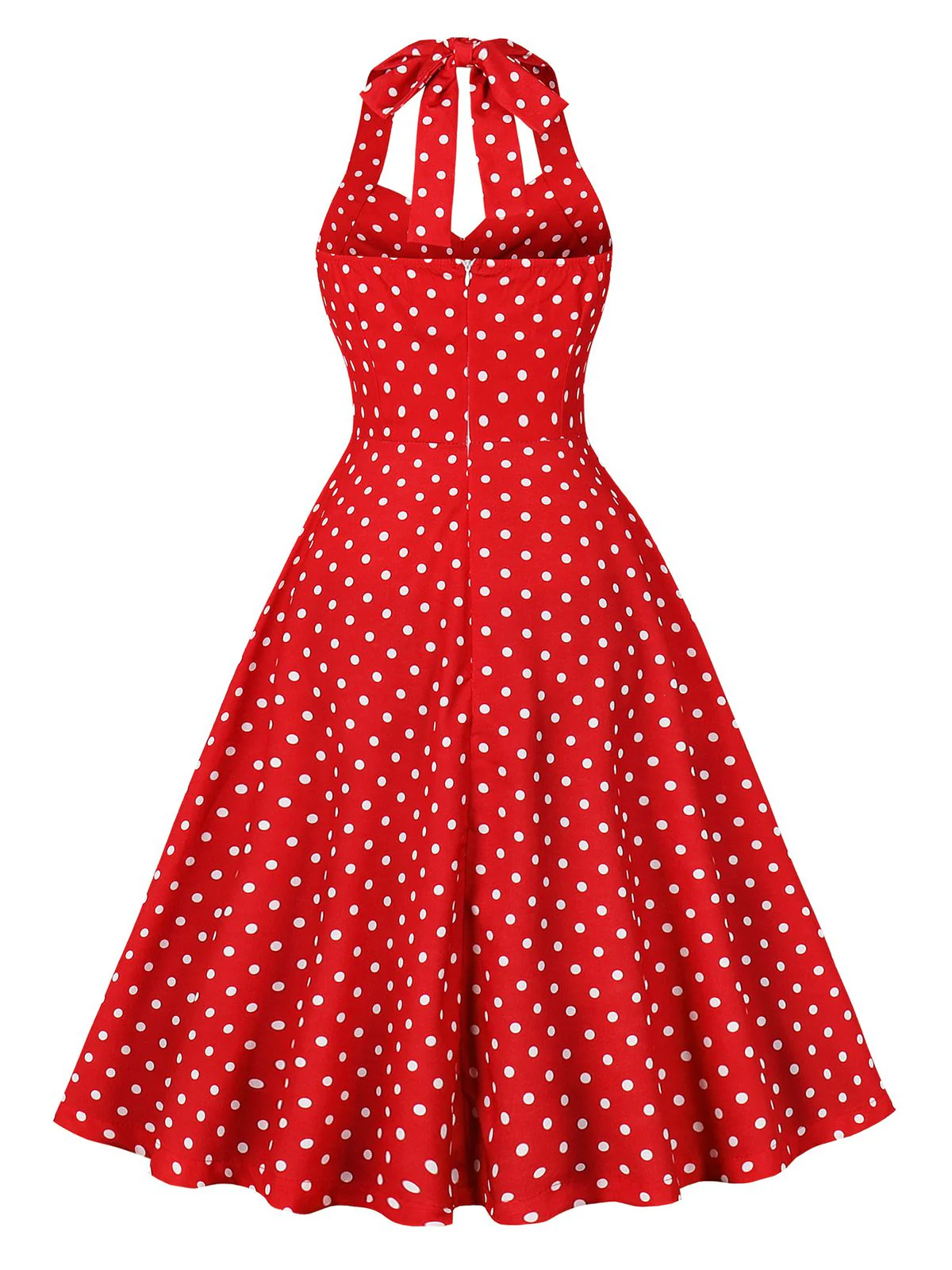 Red 1950s Halter Polka Dots Swing Dress - Image 2