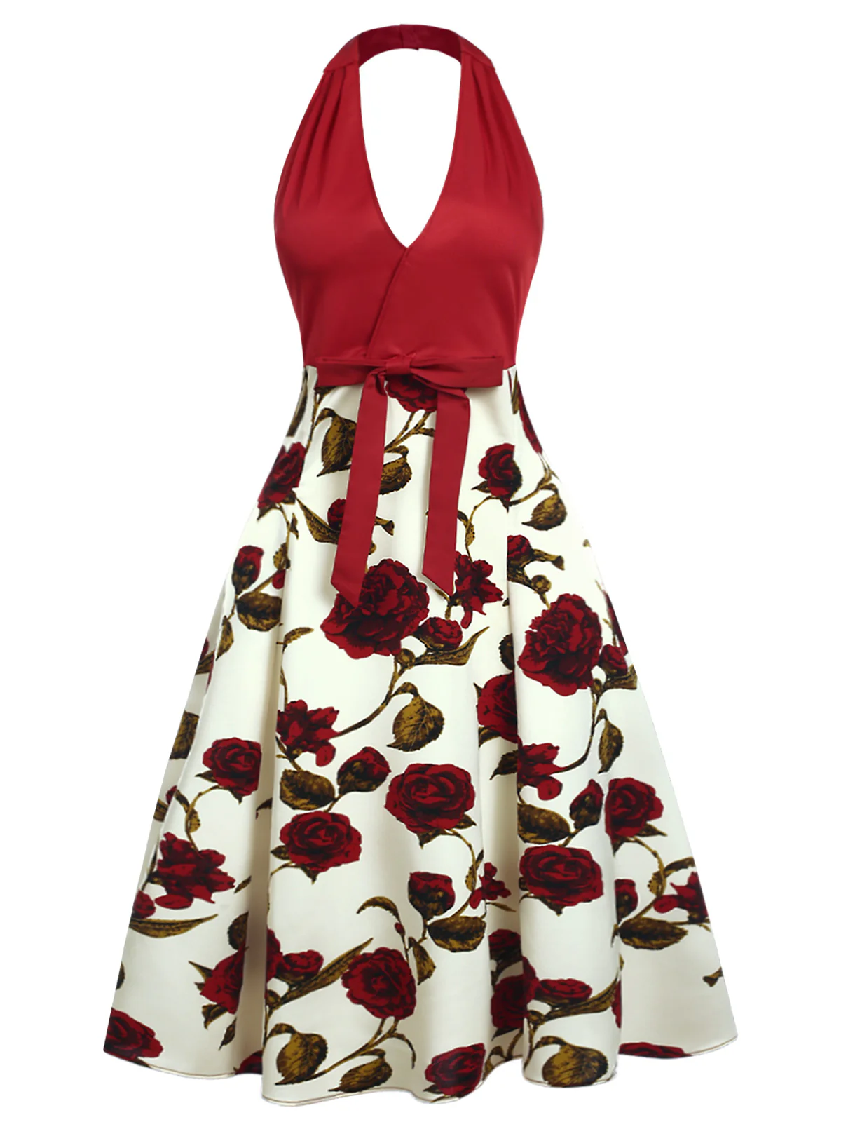 Red 1950s Halter Roses Bow Dress - Image 2