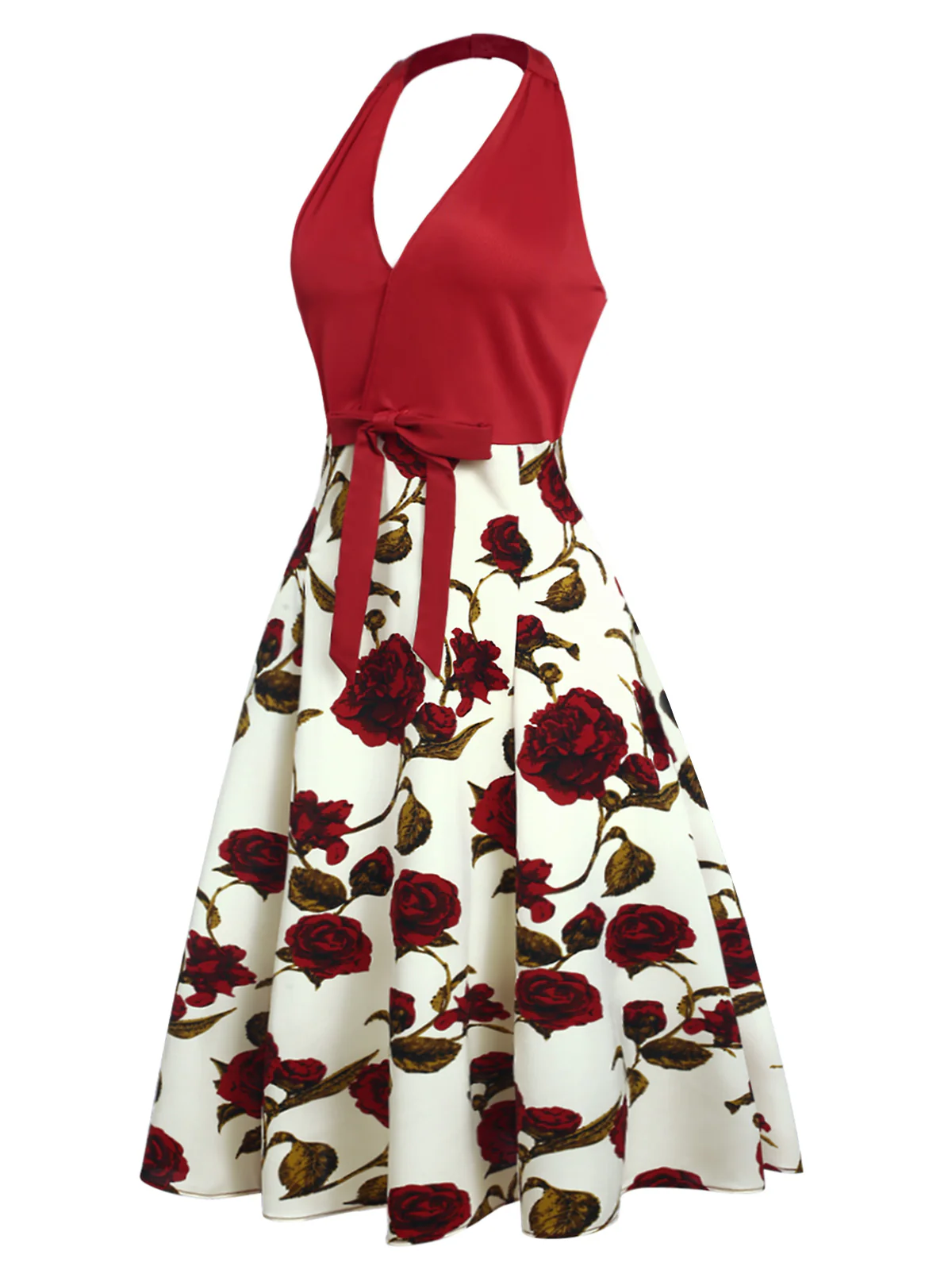 Red 1950s Halter Roses Bow Dress - Image 3