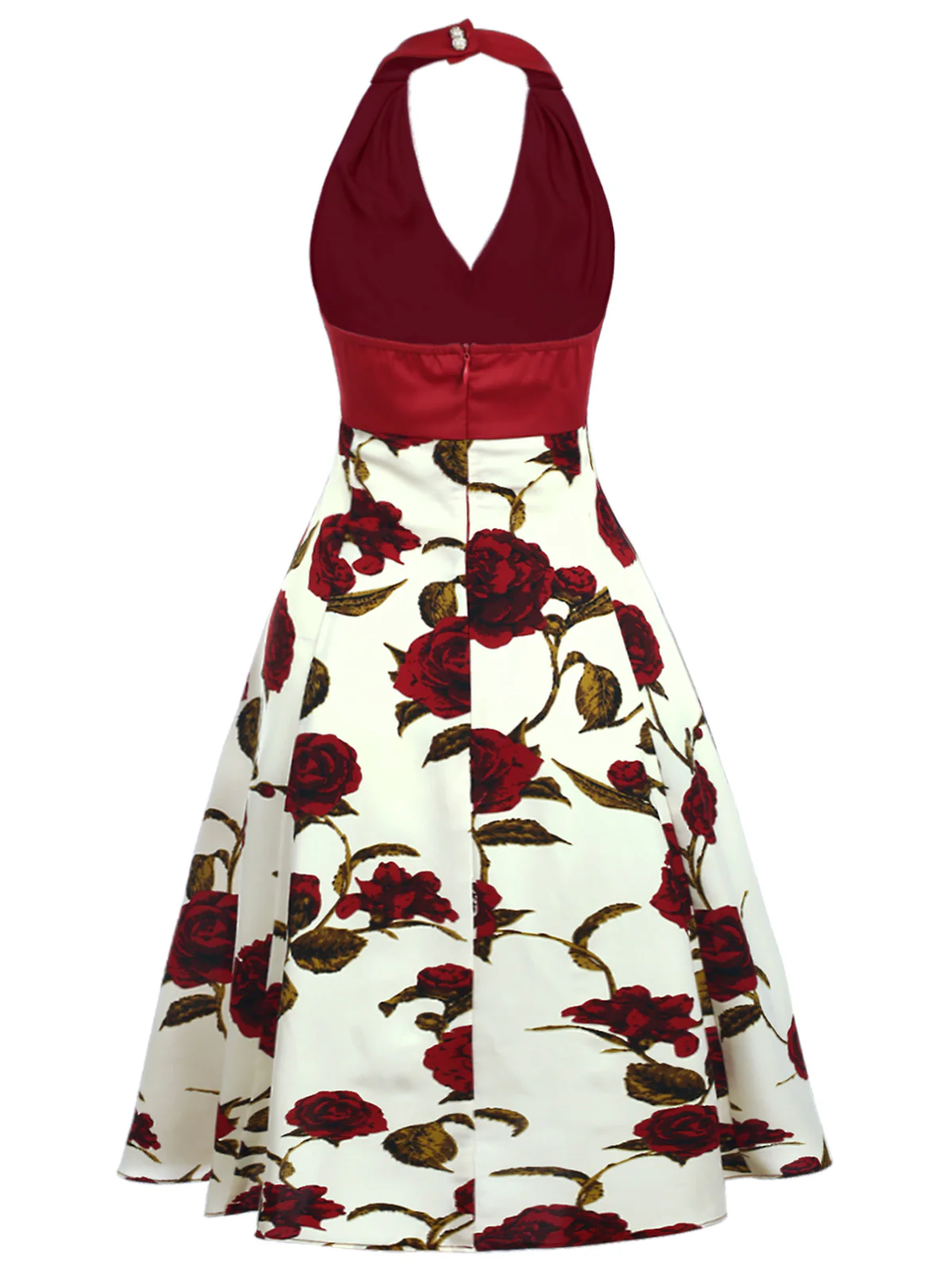 Red 1950s Halter Roses Bow Dress - Image 4