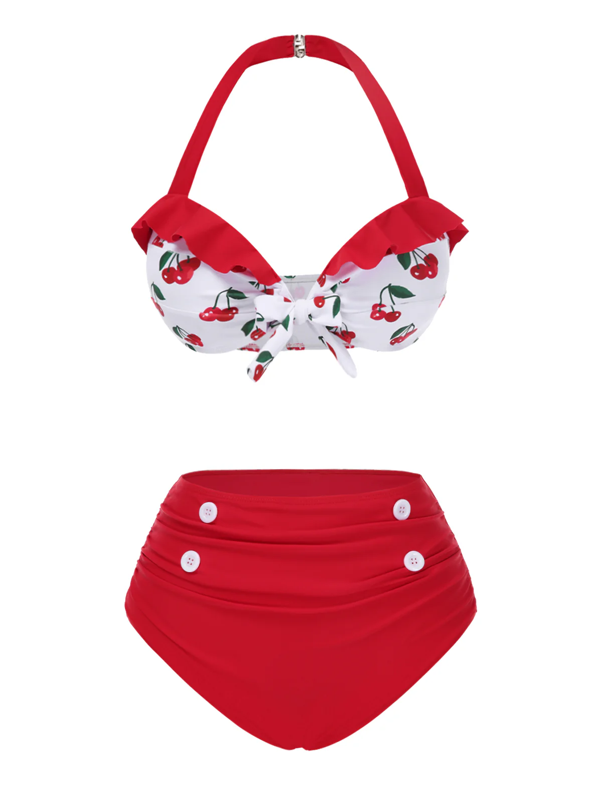Red 1950s Halter Ruffle Cherry Bikini Set - Image 2