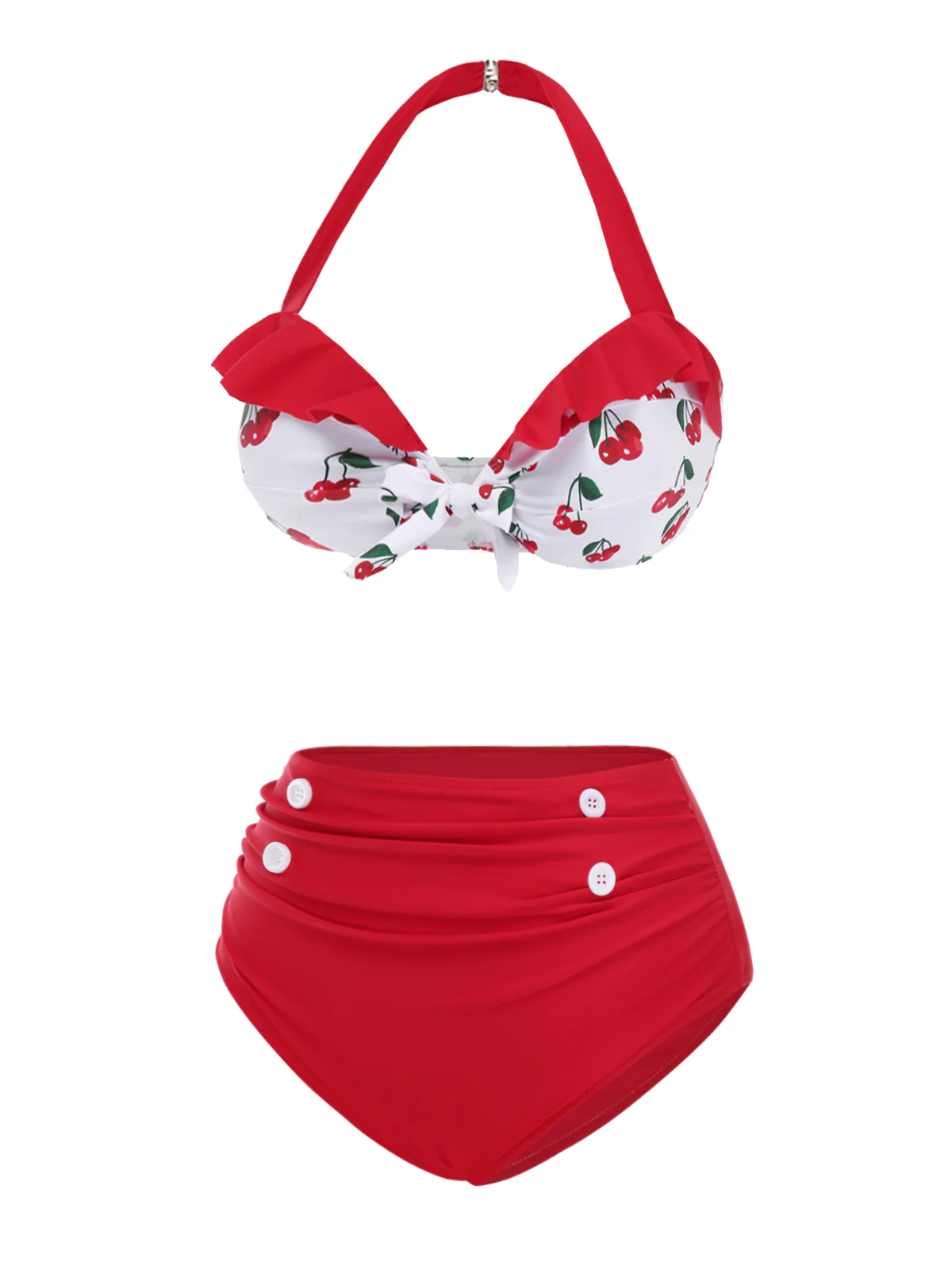 Red 1950s Halter Ruffle Cherry Bikini Set - Image 3