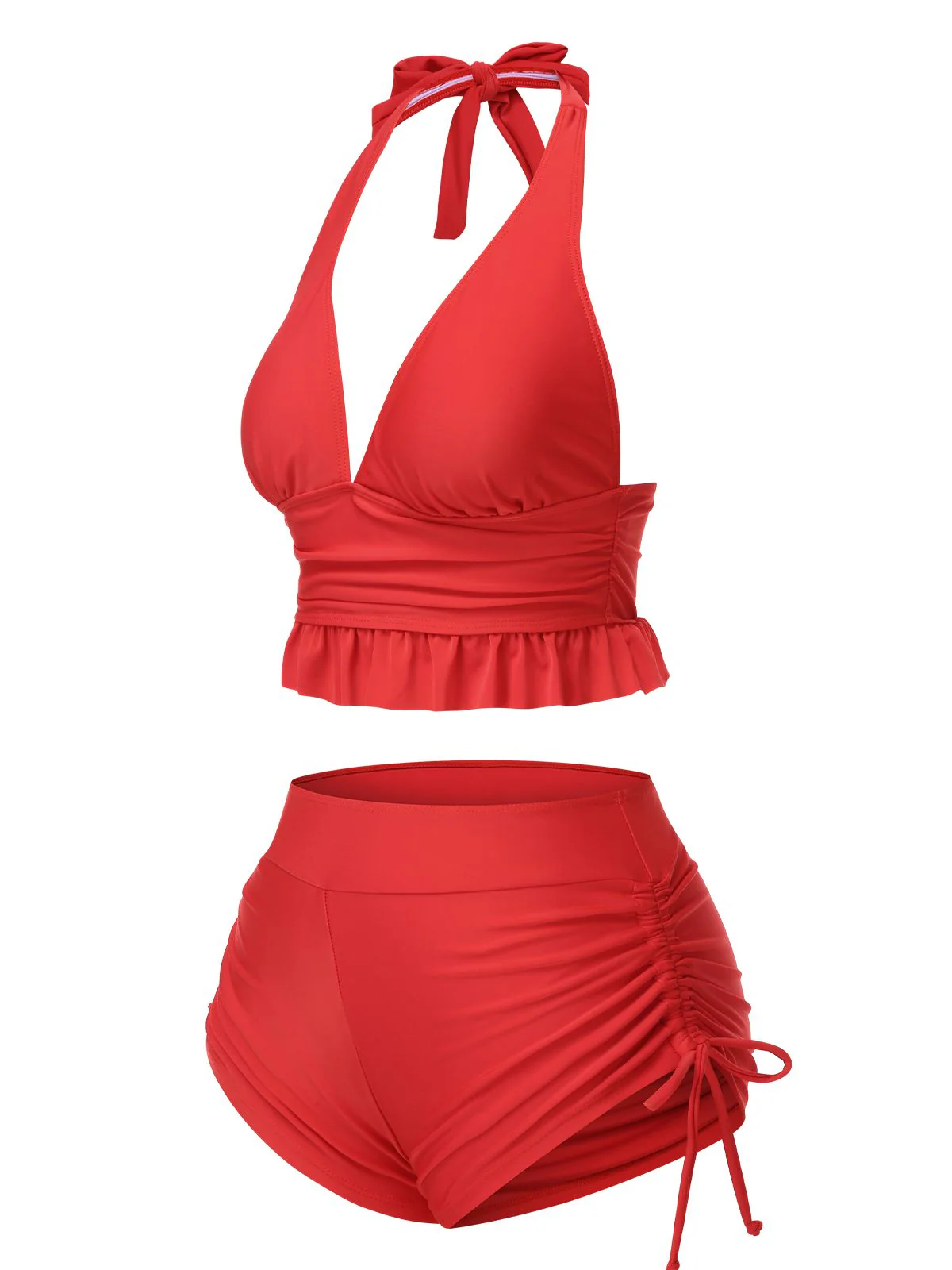 Red 1950s Halter Solid Ruffle Tankini - Image 2