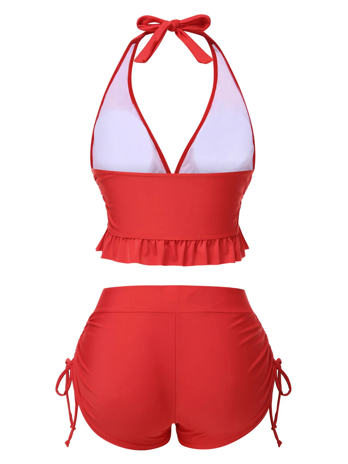 Red 1950s Halter Solid Ruffle Tankini - Image 3