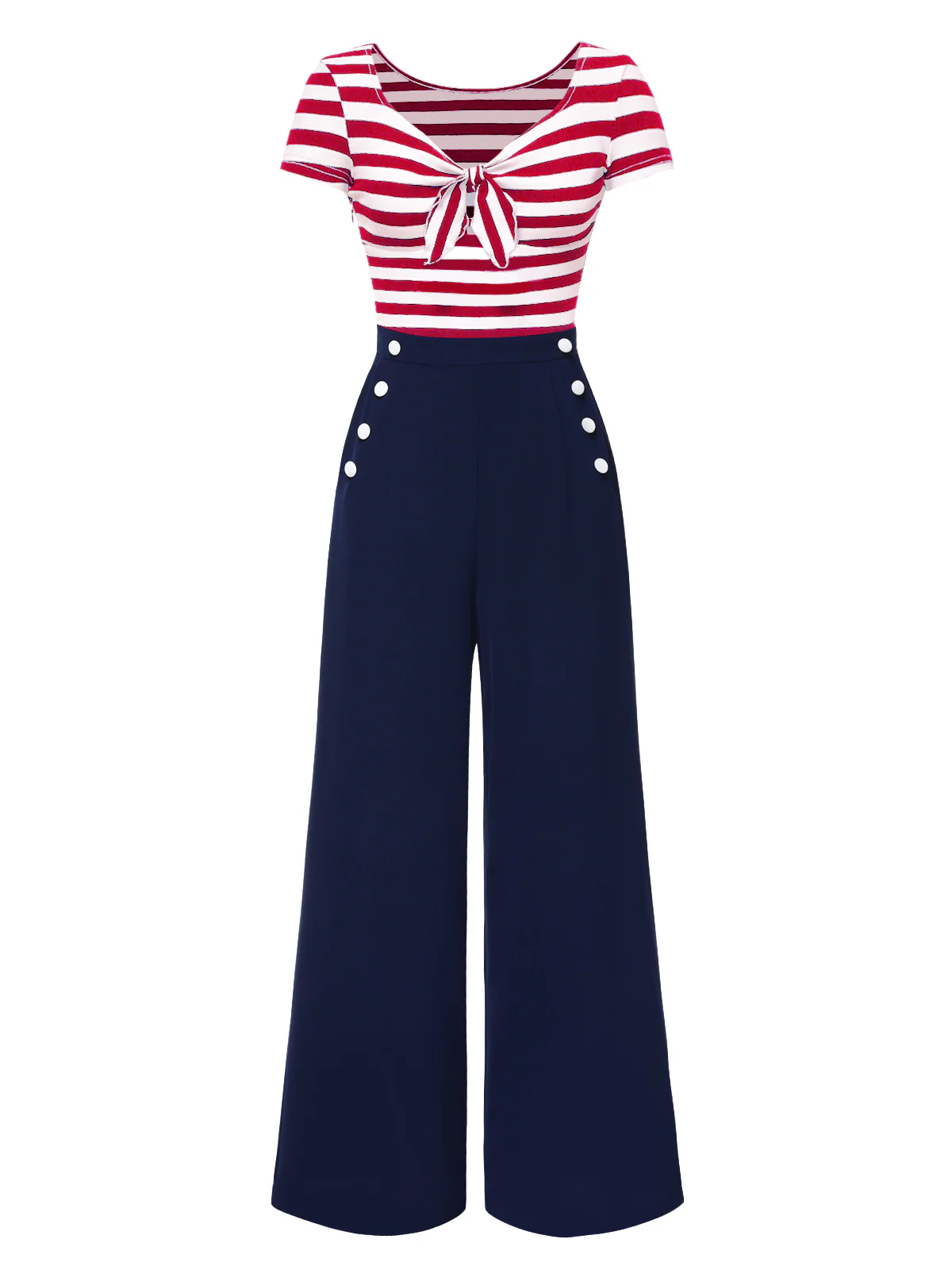 Blue 1950s Hollow Bow Stripe Patchwork Jumpsuit - Image 9