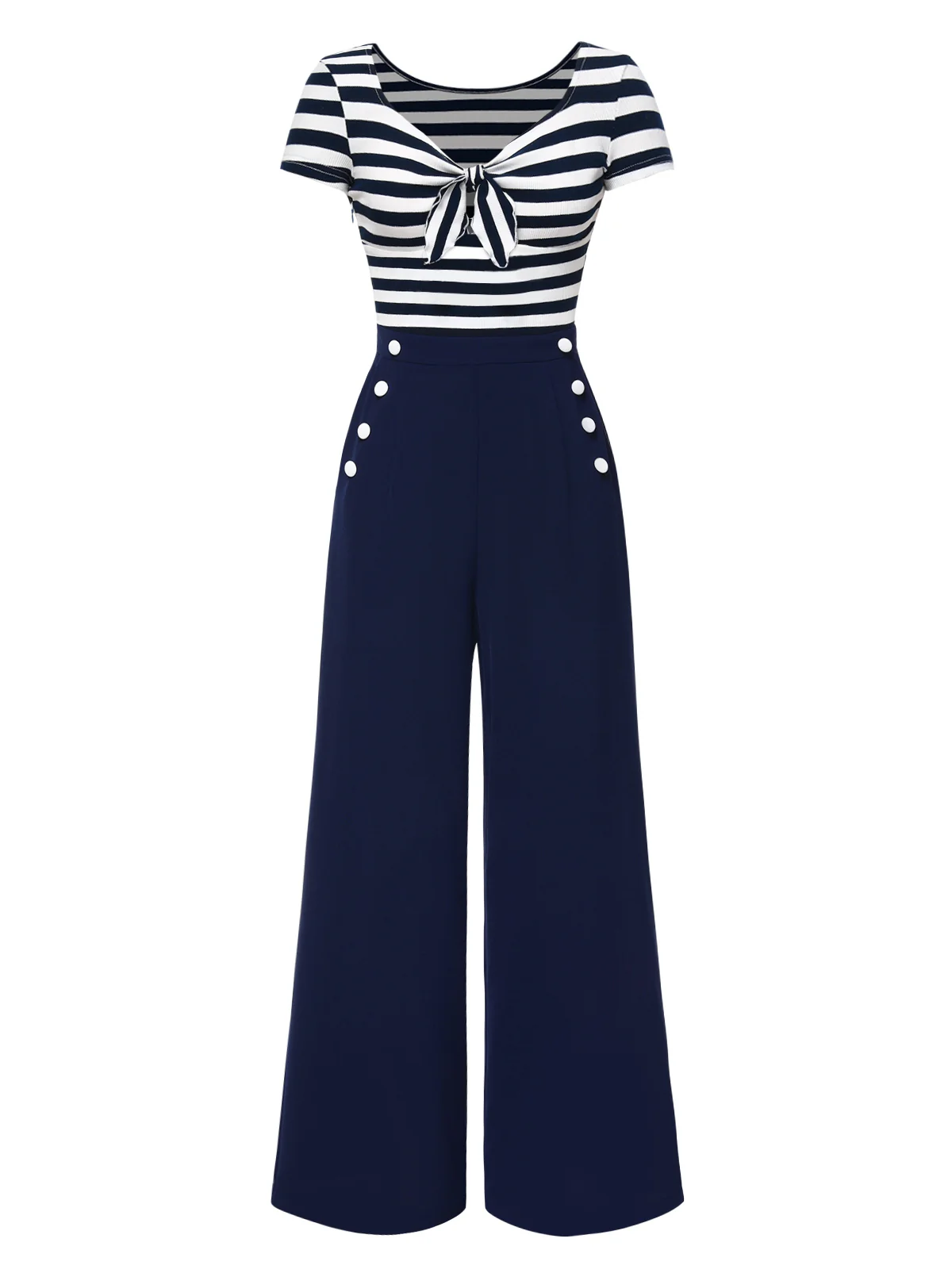 Blue 1950s Hollow Bow Stripe Patchwork Jumpsuit - Image 3