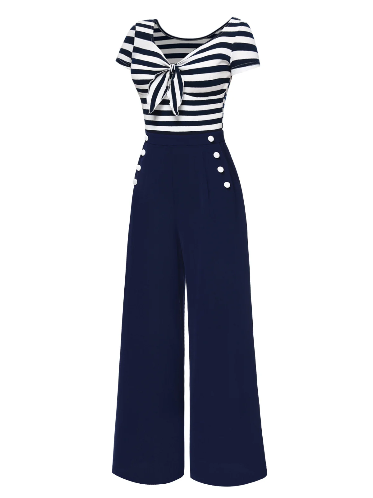 Blue 1950s Hollow Bow Stripe Patchwork Jumpsuit - Image 4