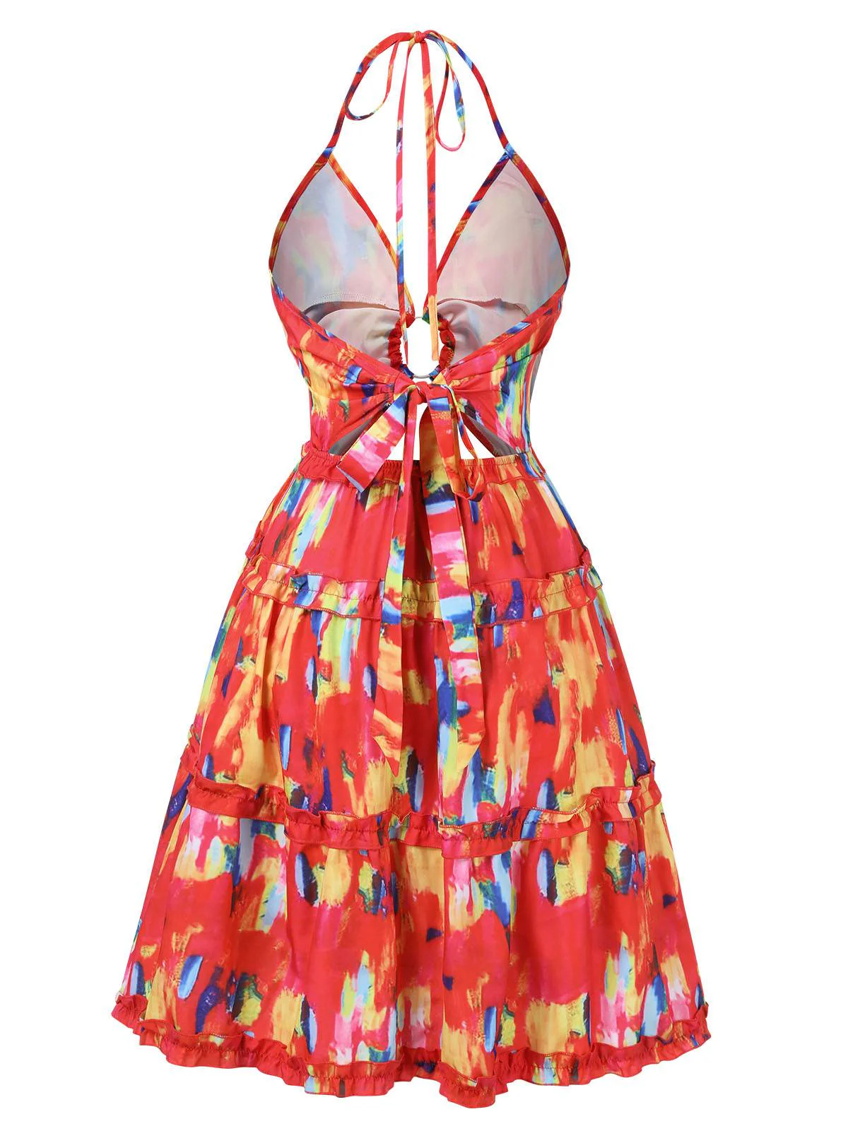 Red 1950s Hollow Out Ruffles Halter Dress - Image 2